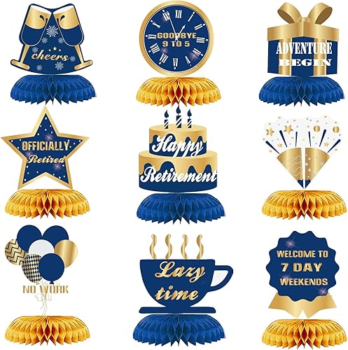 Miniatura 1 de WINPOGEE 9 piezas de decoración de feliz jubilación, centros de mesa de nido de abeja, suministros de fiesta, suministros de aventura de jubilación,