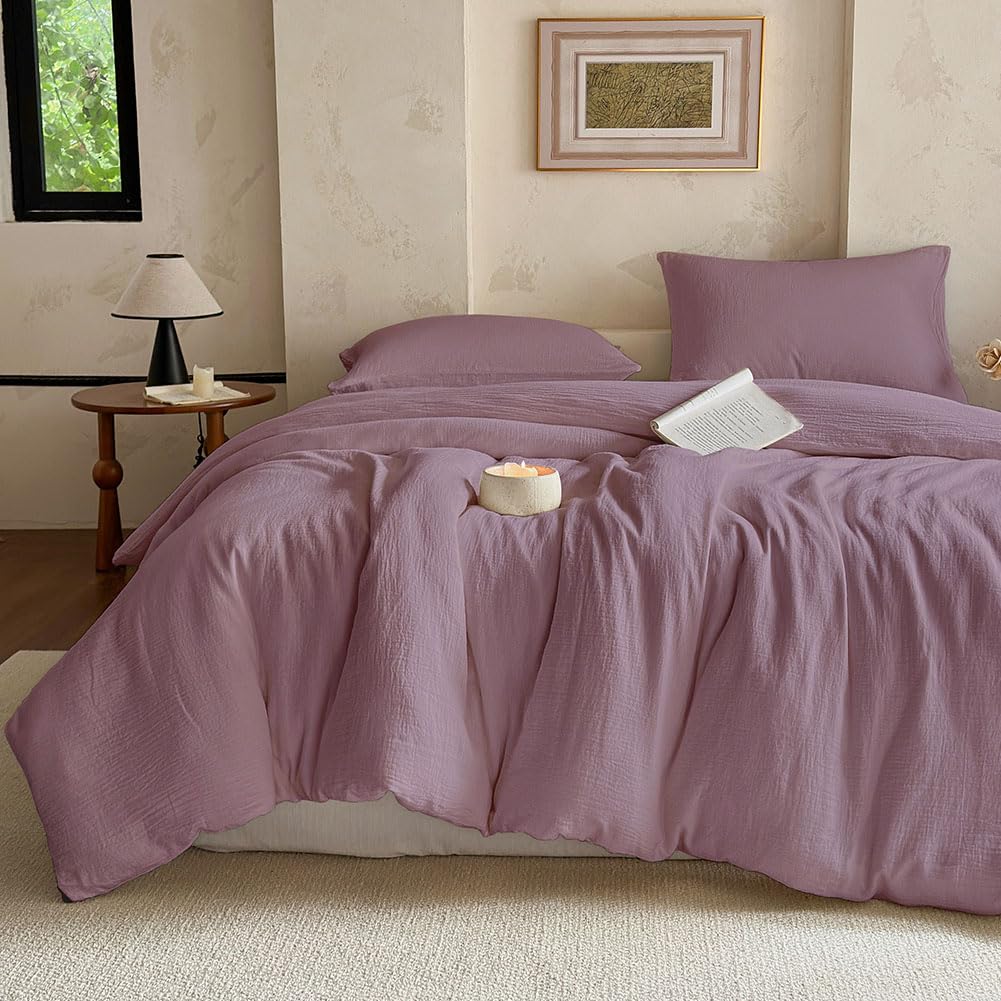 NSNLGSGC 100% Muslin Cotton Duvet Cover King Size, 2-Layer Stonewashed Muslin Bedding, Lightweight and Breathable Linen Like Gauze Comforter Cover Set