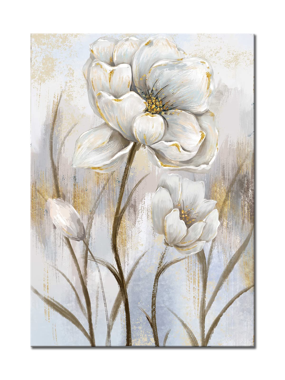 Novup White Flower Wall Art Blooming Floral with Gold Foil Canvas Print Wall Art The Picture for Living Room Bedroom Contemporary Wall Painting Decoration Modern Abstract Artwork