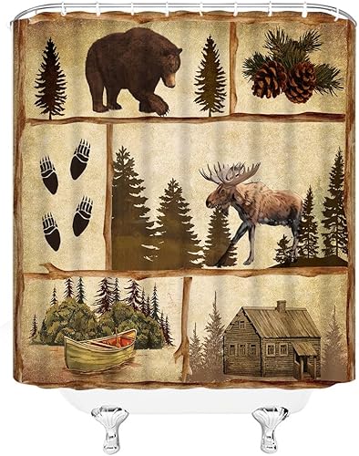 Miniatura 3 de PZMPZM Cortina de ducha de cabaña rústica, retro, para cabaña, oso, alce, ciervo, alce, bosque, granja, caza, campamento, estilo hogar, baño,
