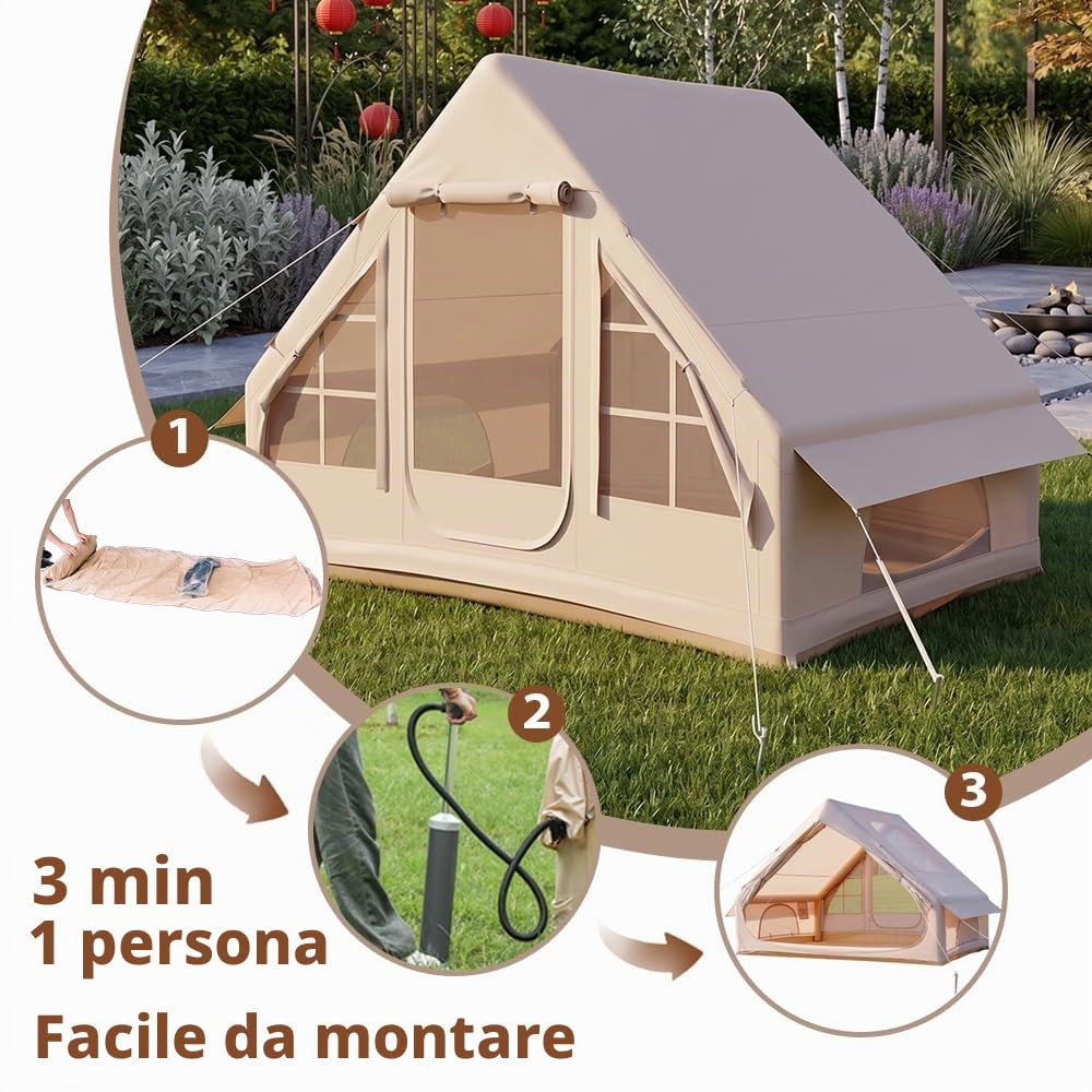Tenda gonfiabile, tenda da campeggio con lucernario, tenda gonfiabile per 2-4 persone con pompa ad aria, tessuto Oxford impermeabile per stagioni, montaggio rapido, tenda familiare