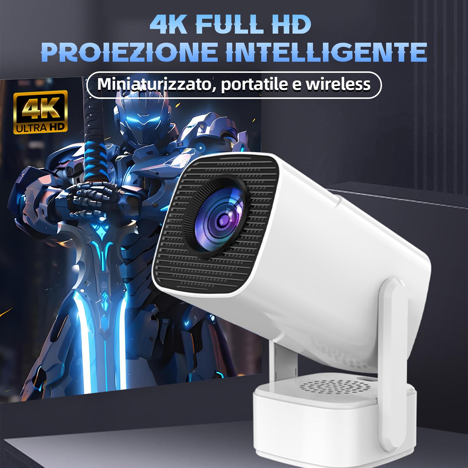 Mini proiettore con HD, 150 ANSI Lumen, risoluzione 1280x720P, proiettore cinematografico portatile per camera da letto, home theater e uso esterno,altoparlante (bianco)