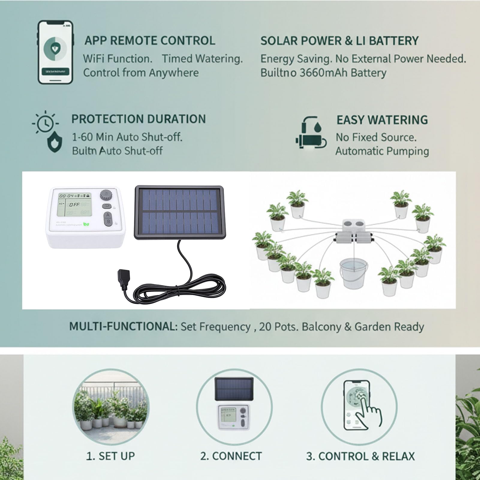 ASHATA Kit di Irrigazione a Goccia Solare Efficiente di Irrigazione a Goccia Automatico Alimentato Ad Energia Solare per Balcone Giardino Materiale: ABS, Elettronica Dimensioni: 5,12x4,13x2,32 Pollici