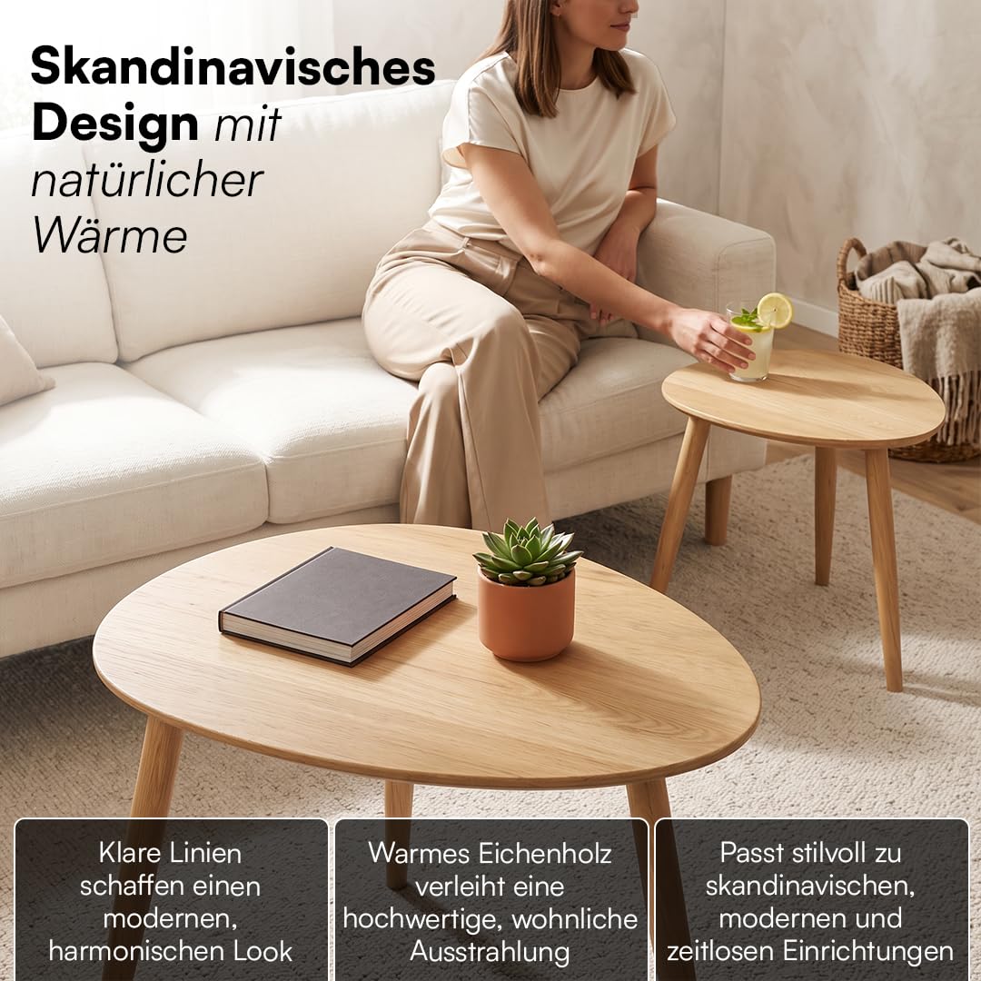 skølm Lodur Couchtisch oval 2er-Set, Eichenholz, Natur geölt, 3 Tischbeine