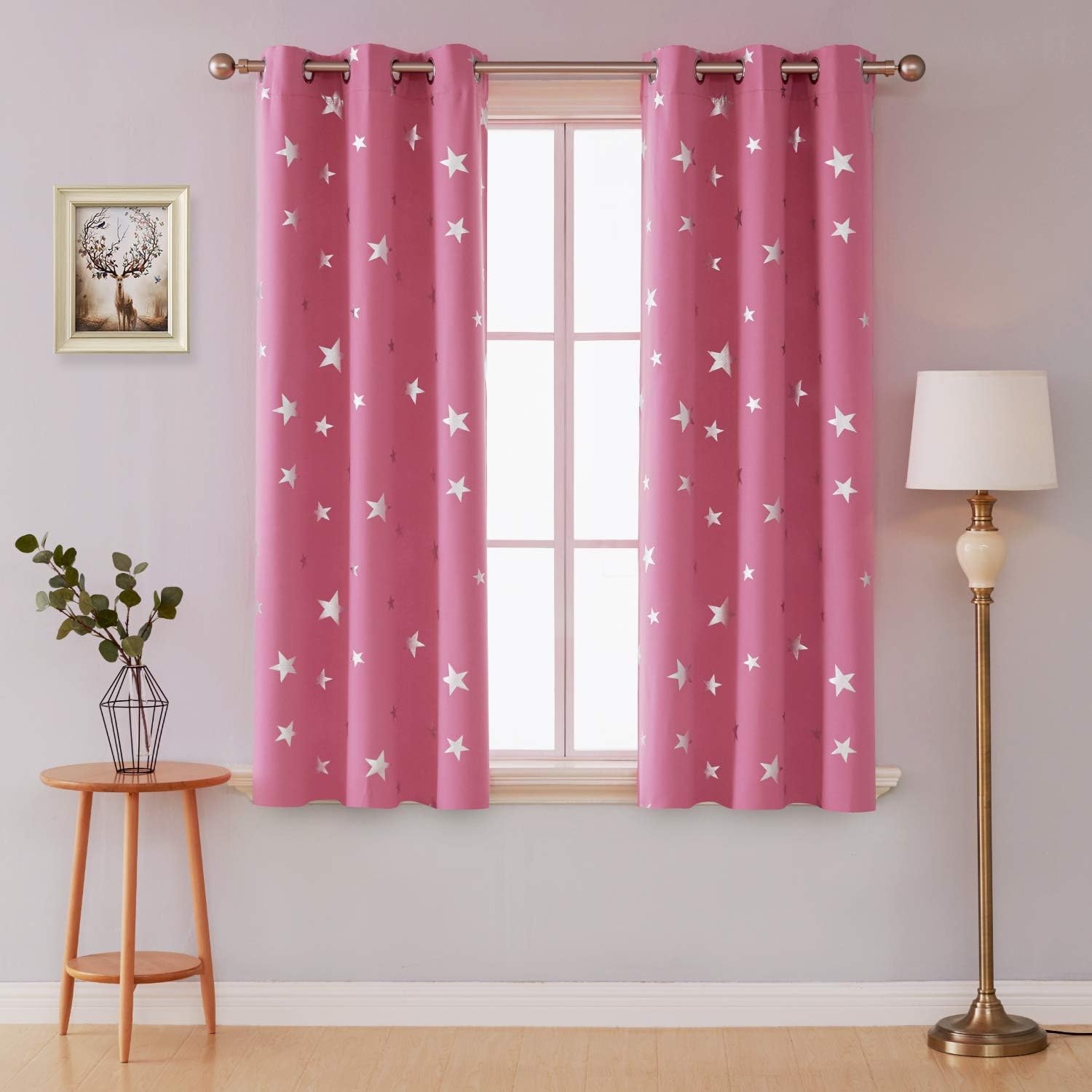 Deconovo Solid Thermal Insulated Blackout Curtains with Silver Star Pattern 38 x 54 Inch Pink 2 Panels