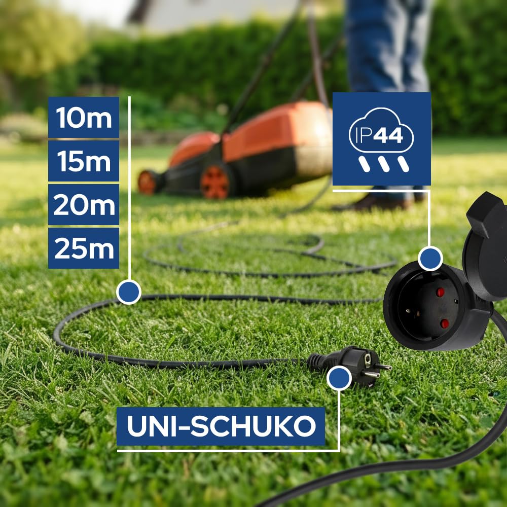 Rallonge Électrique Extérieure 10m IP44 3×1,5 mm² 2000W Noir - Câble Prolongateur Étanche avec Fiche Uni-Schuko et Prise Type F avec Clapet - Rallonge pour Tondeuse, Jardin, Chantier - Horoz Electric