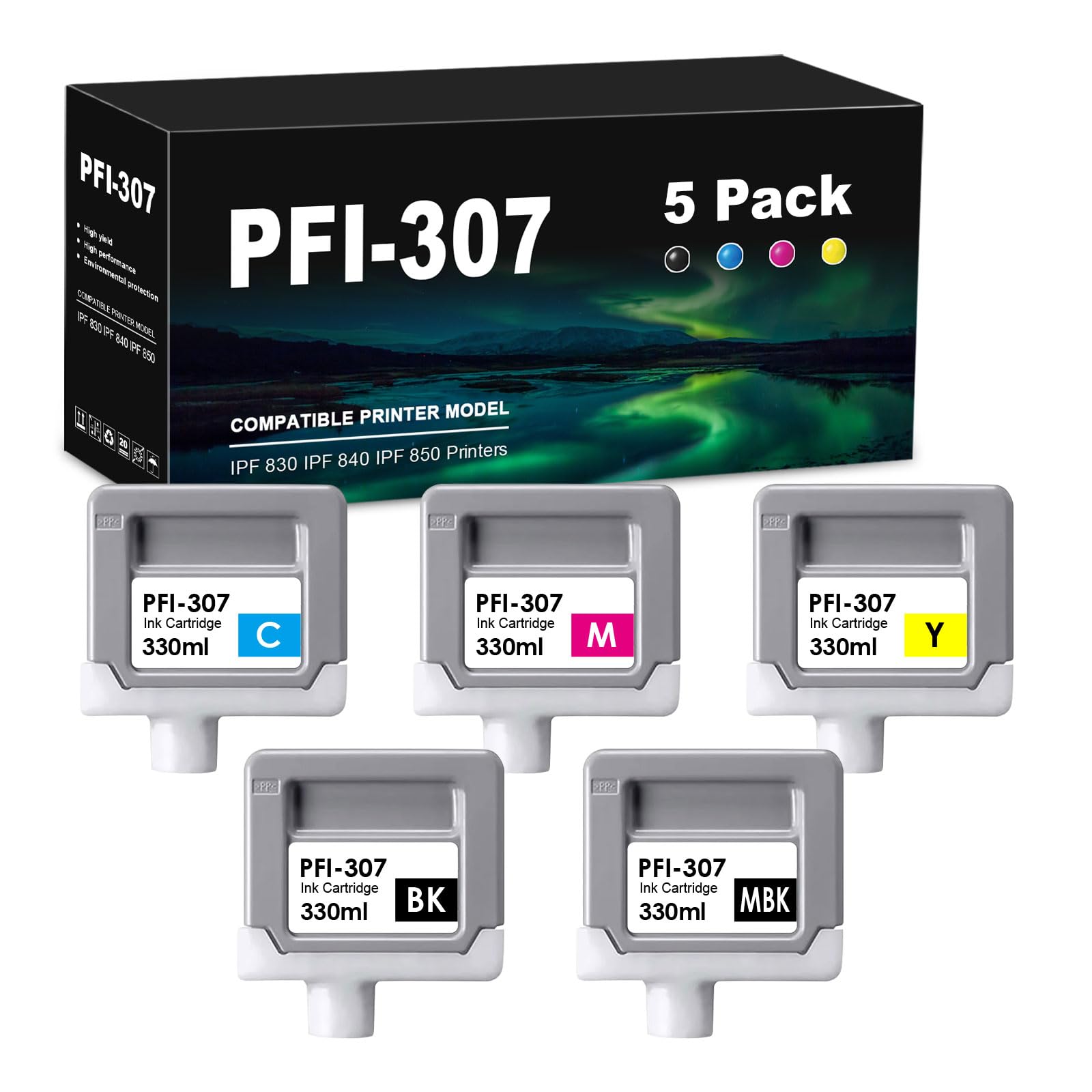 PFI-307 Ink Cartridge Set Compatible for Canon PFI307 PFI-307MBK PFI-307BK PFI-307C PFI-307M PFI-307Y for Canon iPF830, iPF840, iPF850 CAD Plotters (