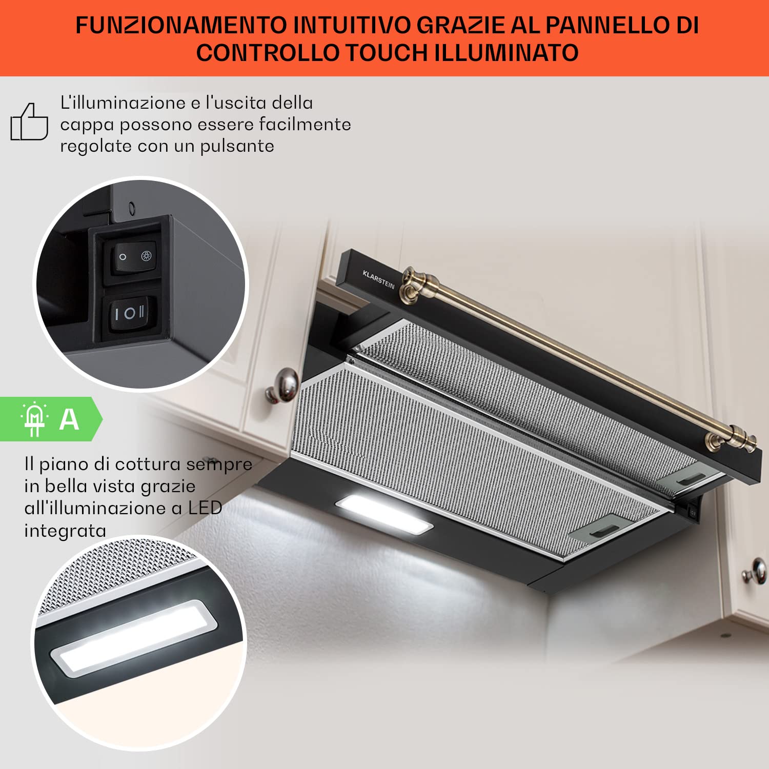 Klarstein Cappa Aspirante, Cappa Cucina con Timer e Flusso d'Aria di 332m³/h, Cappa Sospesa per Isola Cucina con 2 Modalità e Filtri Antigrasso, Cappa Isola Sottopensile