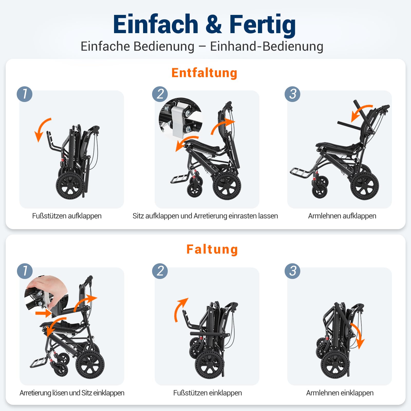 Care-parents Sedia a rotelle pieghevole leggera, 10,5 kg, larghezza della seduta 41 cm, sedia a rotelle da viaggio con asta estensibile, sedia a rotelle da trasporto sottile per appartamento, compatta