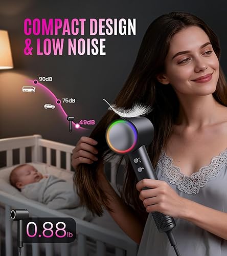 Miniatura 5 de Secador de pelo de alta velocidad de 16 W RPM para secado rápido, secador de pelo silencioso con control de encrespamiento y sin daños por calor