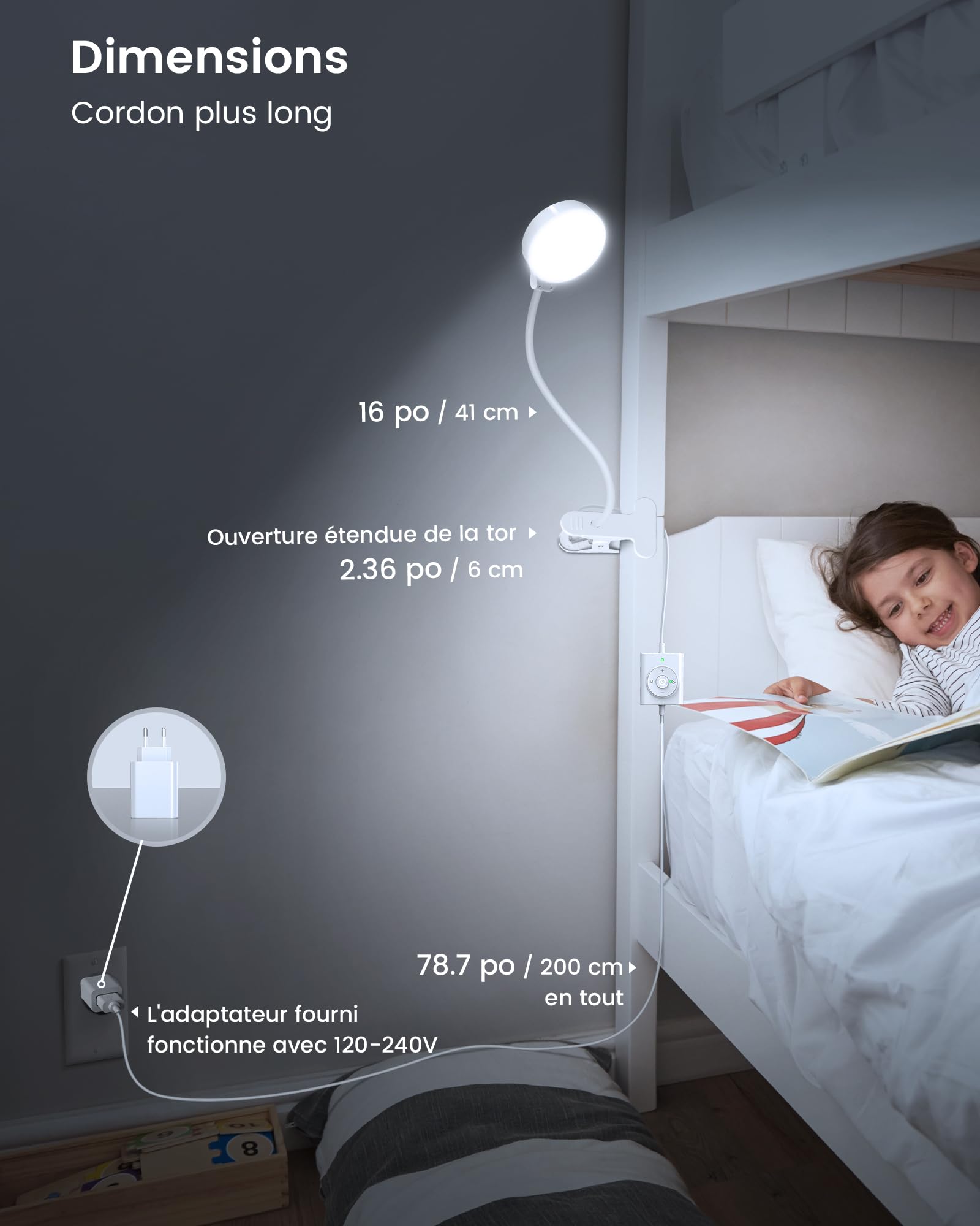 Glocusent Lampe de Lecture à Pince, 5W, 3 Couleurs, minuterie, pince stable | 36 LED, 5 Niveaux, lumière douce pour les yeux, réglage flexible, pour lit, bureau et chambre d'enfant