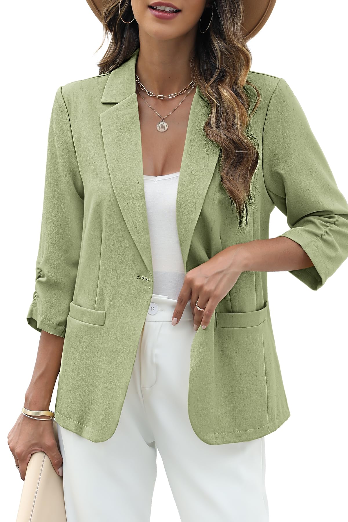 ELLEVEN Womens Linen Blazer 3 4 Ruched Sleeves Lightweight Slim Fit Jackets with Pockets Half Lining