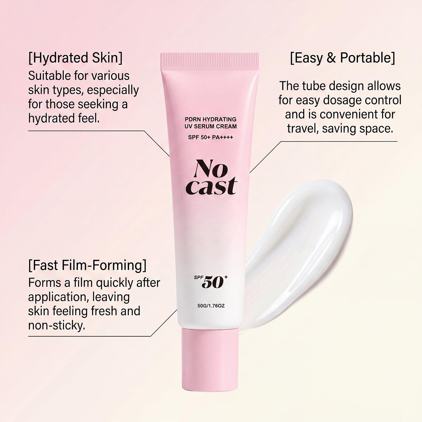 Crème Solaire Hydratante PDRN No Cast SPF50+ PA++++, Fluide Solaire Visage Non Grasant sans Effet Blanc, Protection UVA/UVB Longue Durée, Crème Solaire Légère Hydratante pour Peaux Sensibles, 50g