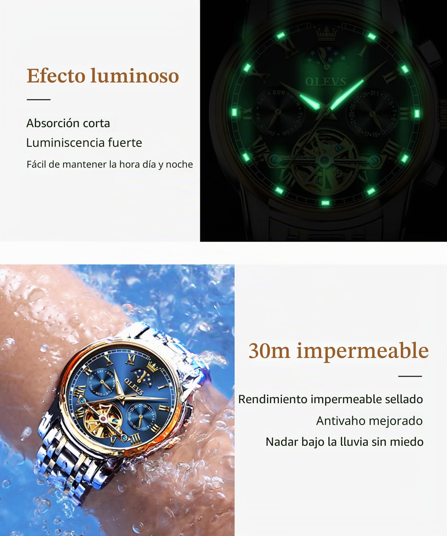 OLEVS Juego de Relojes para Parejas con Cuerda automática mecánica automática para Hombres y Mujeres, Luminoso, Impermeable, de Acero Inoxidable