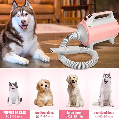 Miniatura 6 de Secador de pelo para perros, secadora de alta velocidad ajustable de 4.3 hp para perros, soplador de perros con calentador, 4 boquillas y