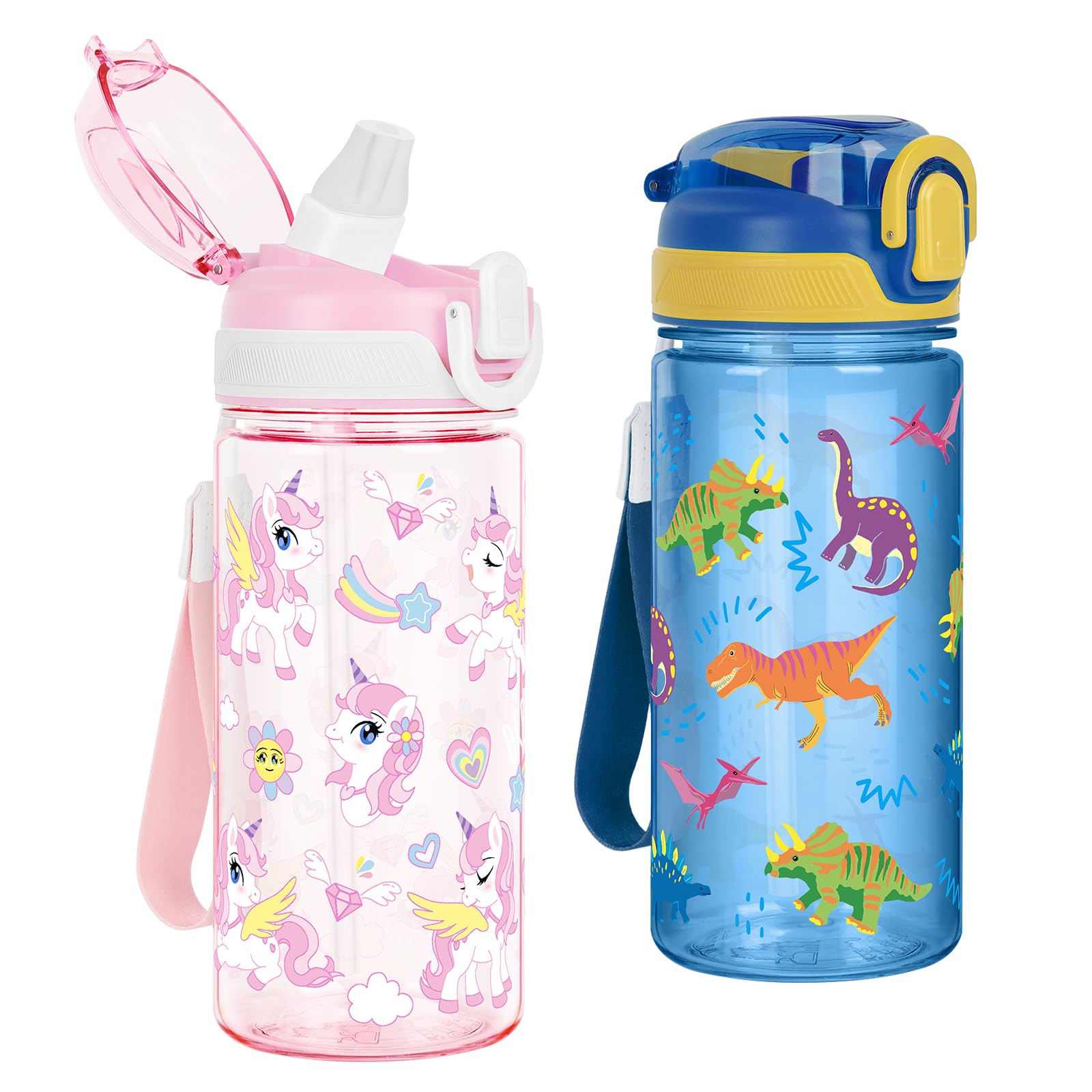 Kids Water Bottles with Straw Tritan 2 Pack 480ML - Unicorn & Dinosaur