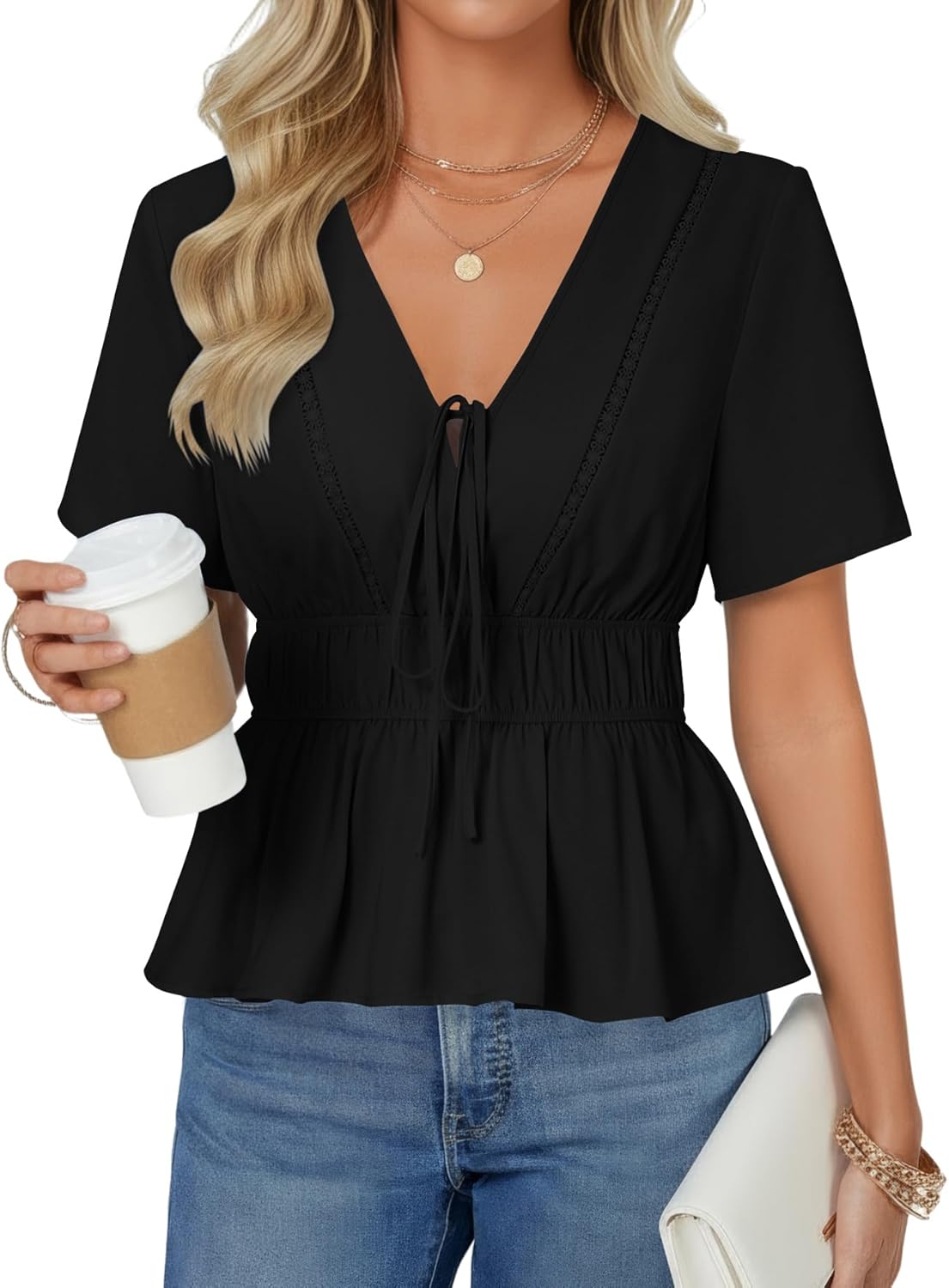 LYANER Women's Deep V Neck Tie Knot Ruffle Ruched Short Sleeve Sexy Blouse Top - Image 2