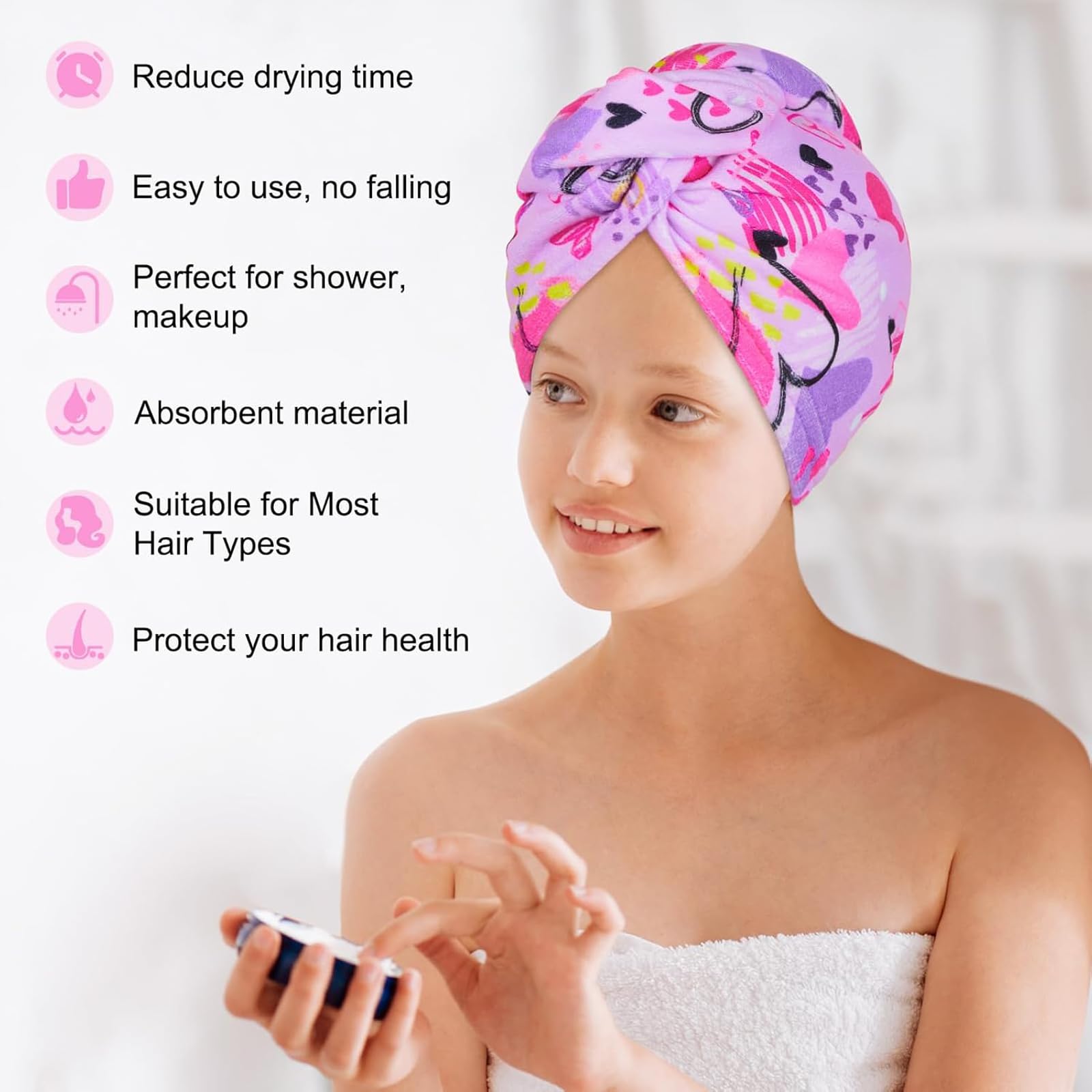 DeBizz 2 pezzi turbante per capelli per bambini, asciugamano per asciugacapelli, in microfibra, ad asciugatura rapida, per donne e ragazze (multicolore)