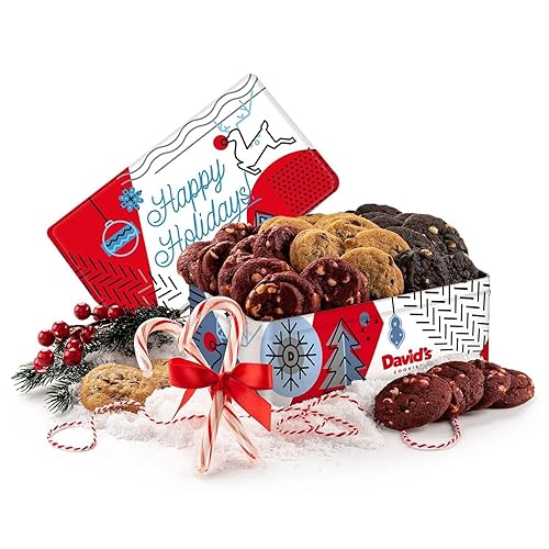 David’s Cookies Christmas Cookies Gift Box – Freshly Baked Gourmet Mini Cookies in Festive Winter Wonderland Tin, Soft & Chewy Chocolate Chip, White Chocolate Chip & Red Velvet – Holiday Gift Basket - Assorted Mini Cookies in Winterwonderlan Tin
