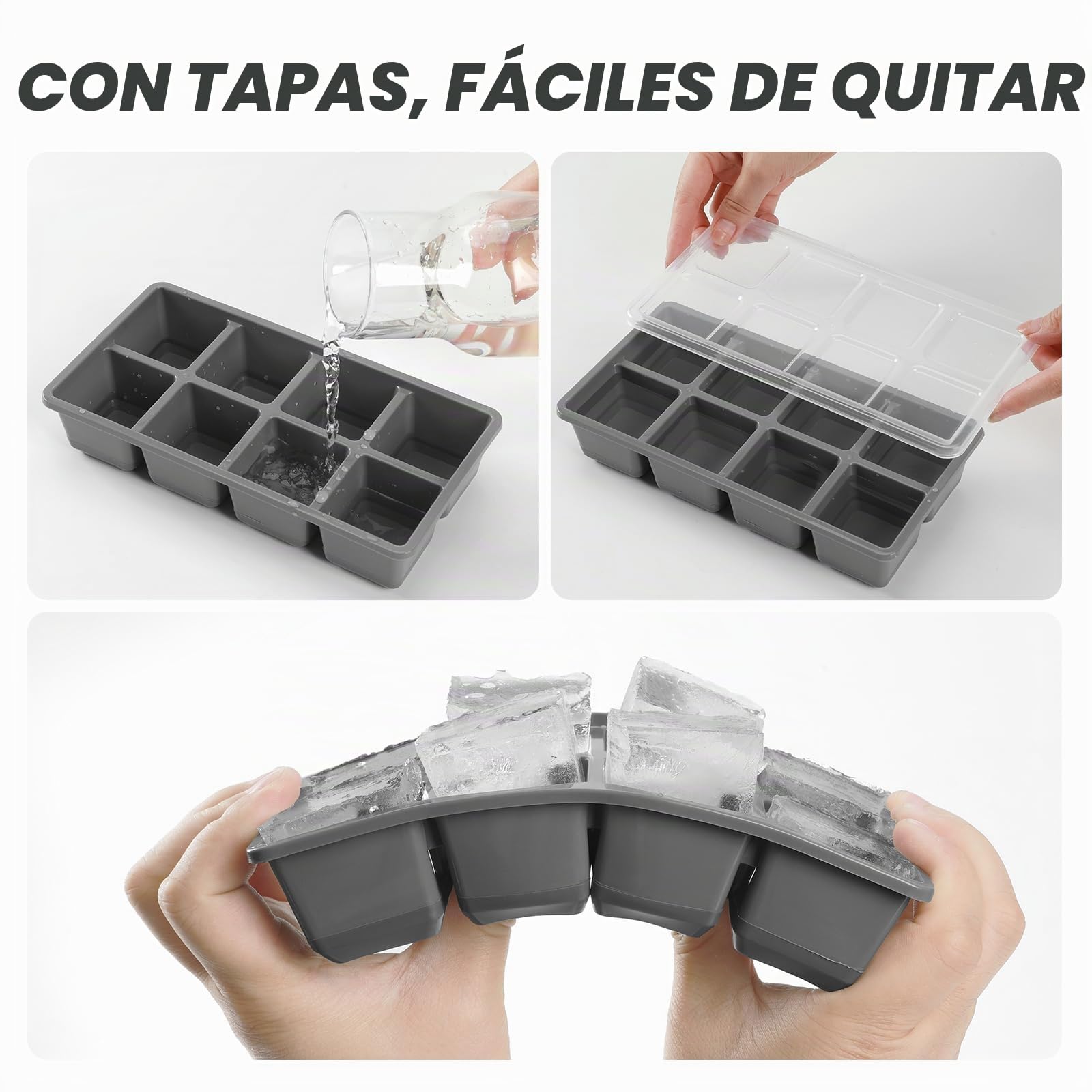 JRISBO Cubiteras para Hielo 4,5 CM Grande, 2Pcs Moldes de Silicona para Cubitos de Hielo XL con Tapa Sin BPA