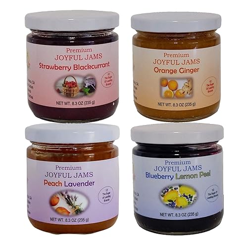 Caja de regalo de mermelada premium gourmet (paquete de 4 deliciosos sabores) – grosella negra fresa, cáscara de arándano y limón, naranja-jengibre,