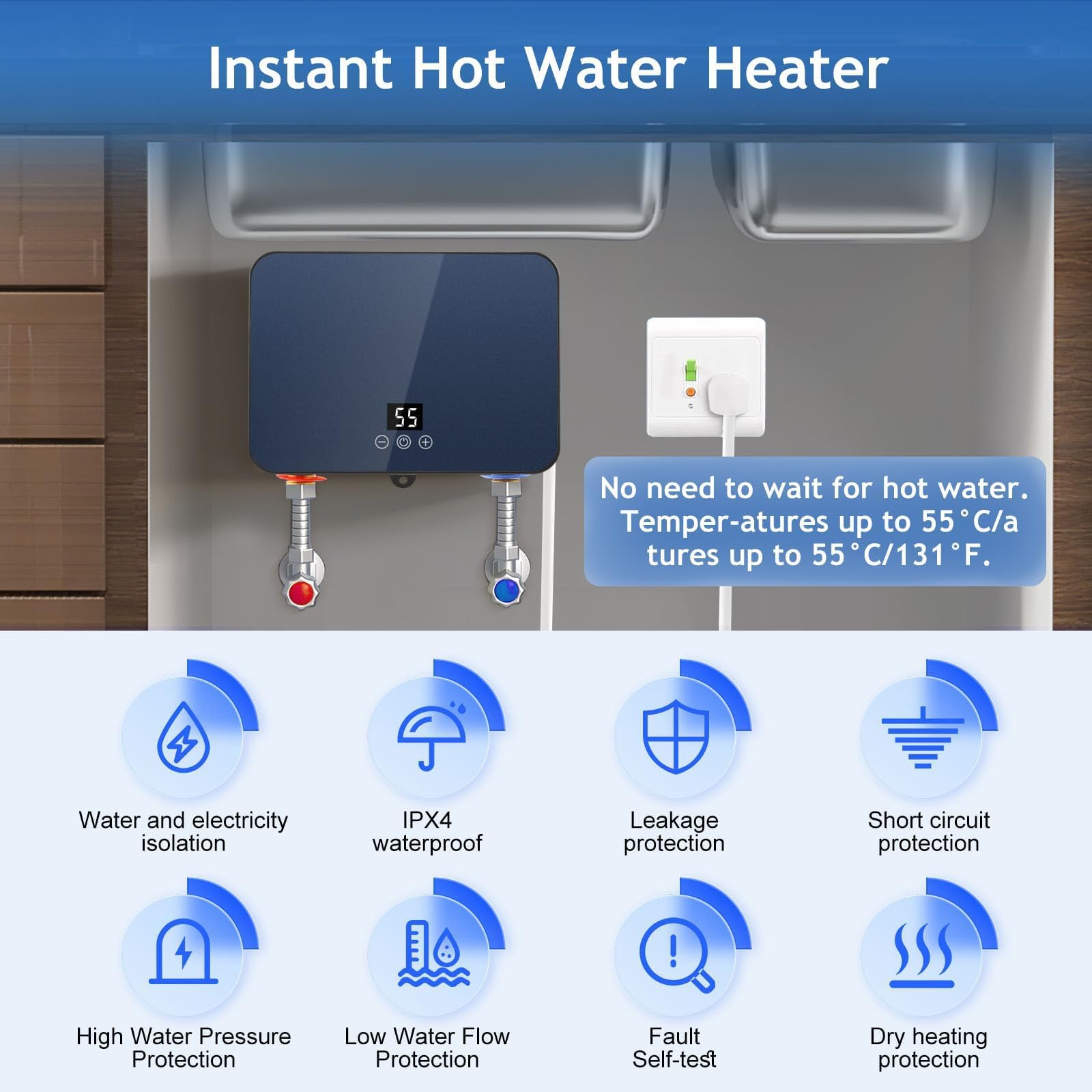 Chauffe-eau Électrique Instantané, 6000W, Installation Sous Évier, Contrôle de Température 30-55°C, Télécommande, 220V