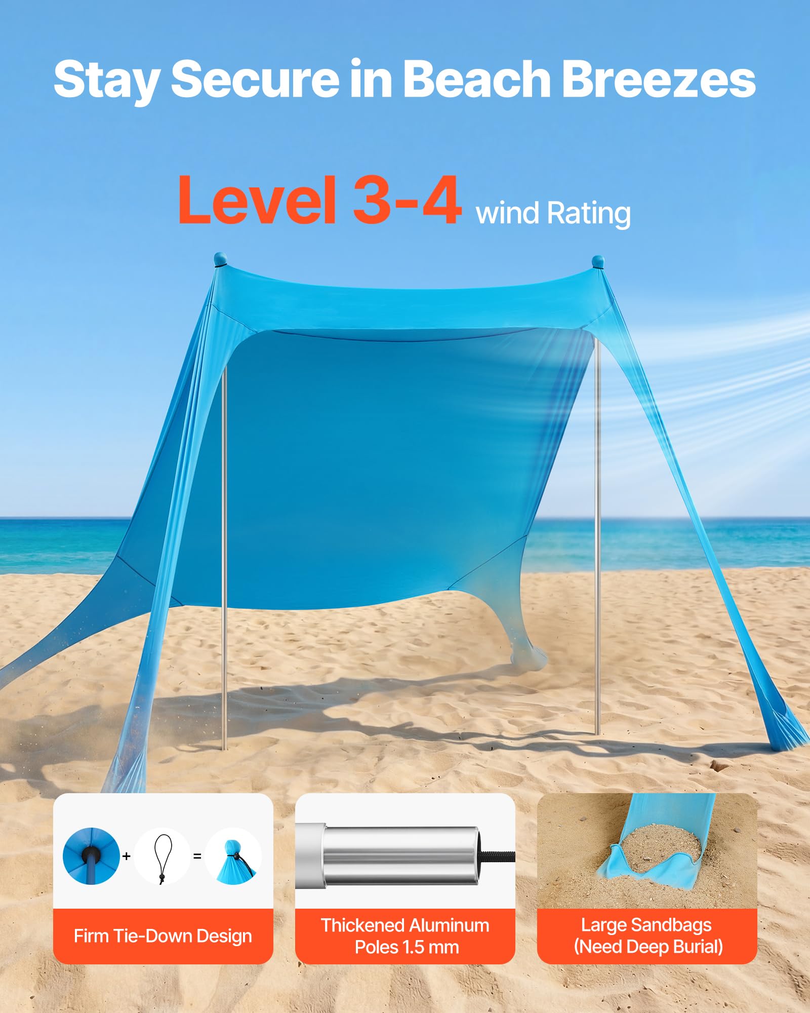 VEVOR Tenda Parasole Portatile da Spiaggia per Esterno Protezione Solare UPF50+ 2,3 x 2,3 x 2 m, Parasole da Spiaggia con Pali di Supporto Tenda Portatile per Campeggio Viaggio Pesca, Blu