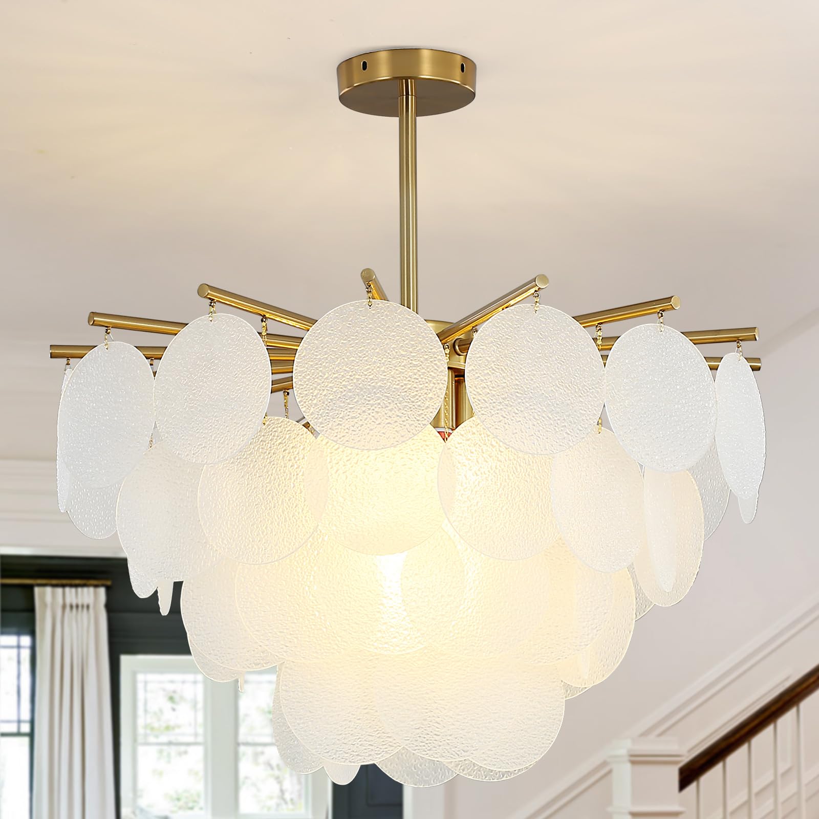 8 Lights Capiz Shell Chandelier, Modern Capiz Chandelier Lighting, White Shell Chandeliers, 24 Inch Gold Shell Chandelier Light Fixture, Entryway Chandelier Gold (Include E12 Bulbs)