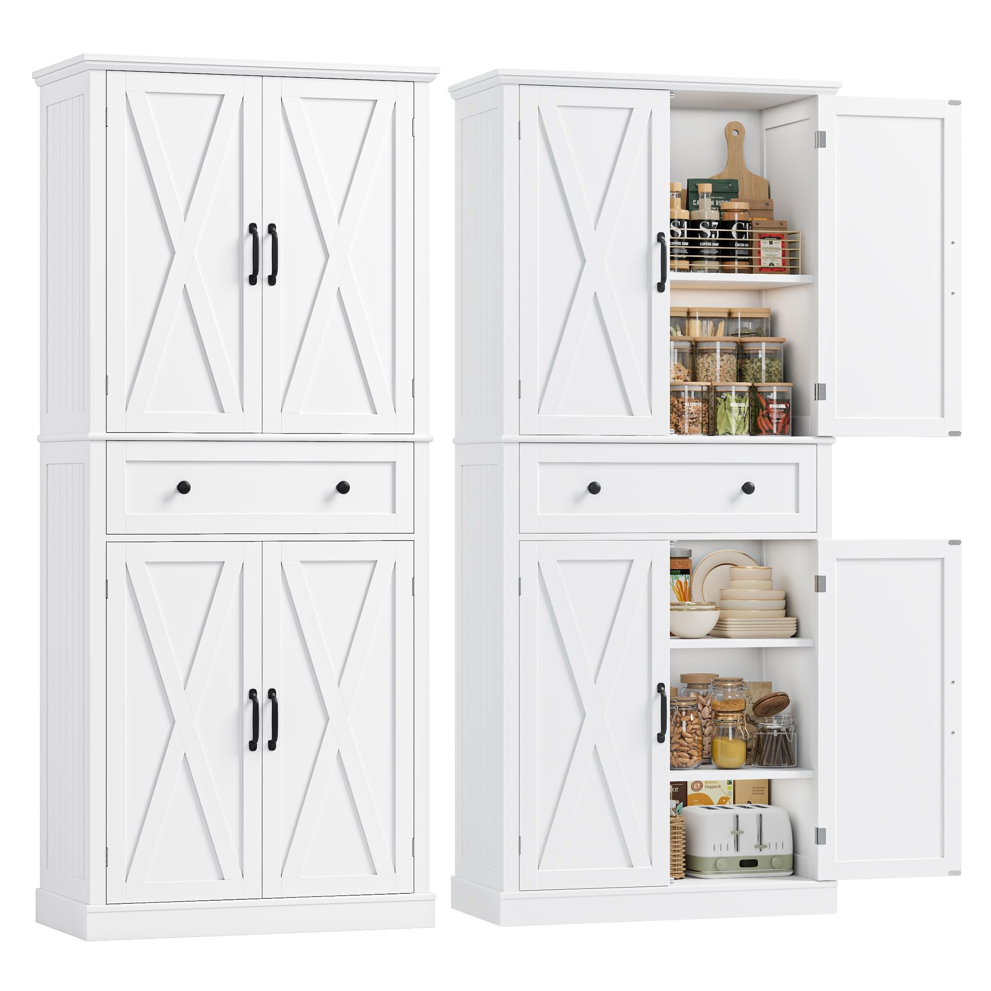 FirFurd Credenza Cucina Alta,Dispensa Cucina con 4 Ante e 1 Cassetti Bianco | Mobile Cucina Dispensa,Antiribaltamento Incluso,Design salvaspazio,Ingombro Ridotto,per Cucina, Soggiorno,78x40x181.5cm