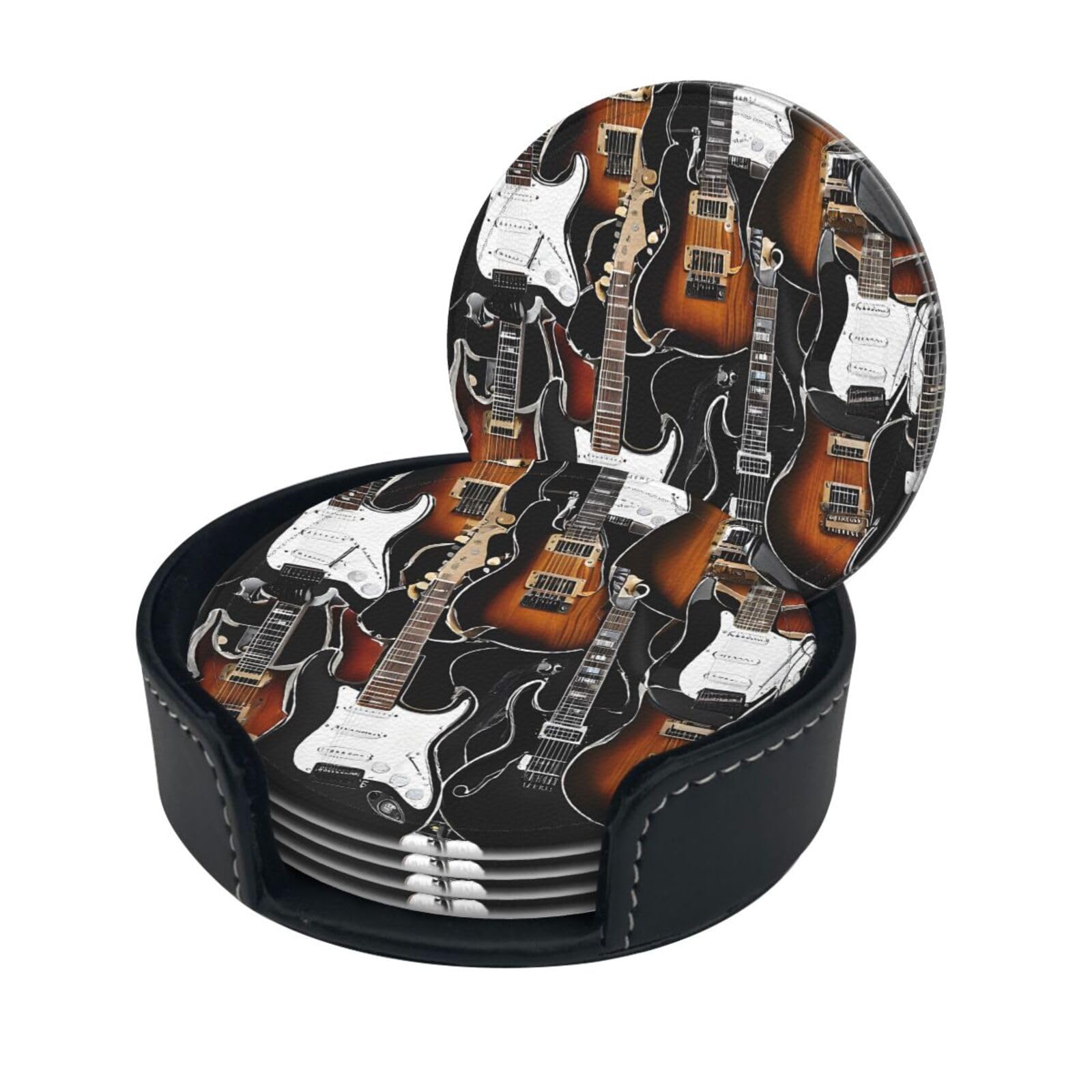 Color Acoustic and Guitars Print Coaster,Round Leather Coasters with Storage Box for Wine Mugs,Cold Drinks and Cups Tabletop Protection (6 Piece)