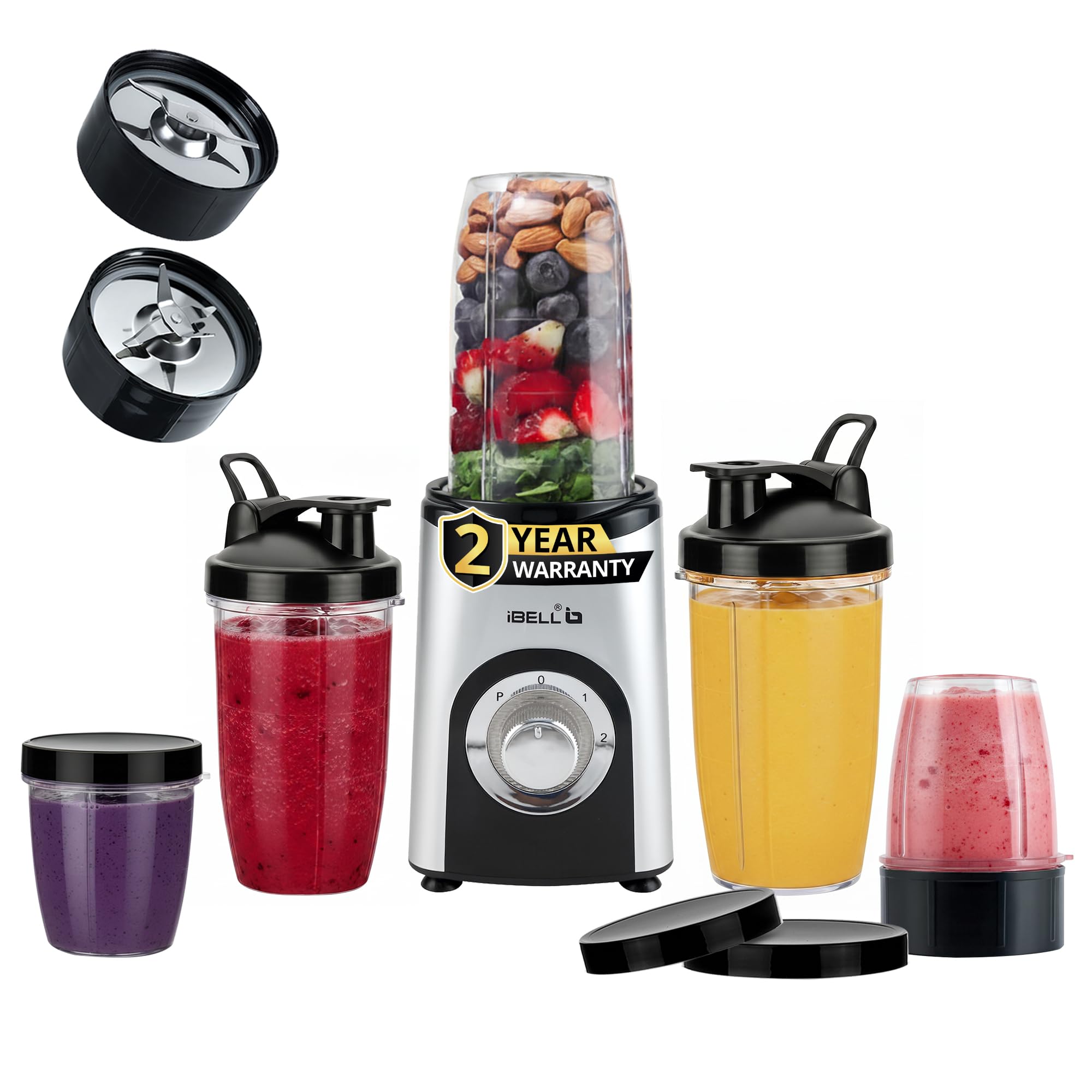 iBELL Nutri Blender & Juicer Mixer Grinder for Home, 600W Powerful Copper Motor, 24,000 RPM, 5 Multi-Purpose Jars, 2 Stainless Steel Blades & 3 Speed Modes for Smoothies, Grinding & Blending (Silver)