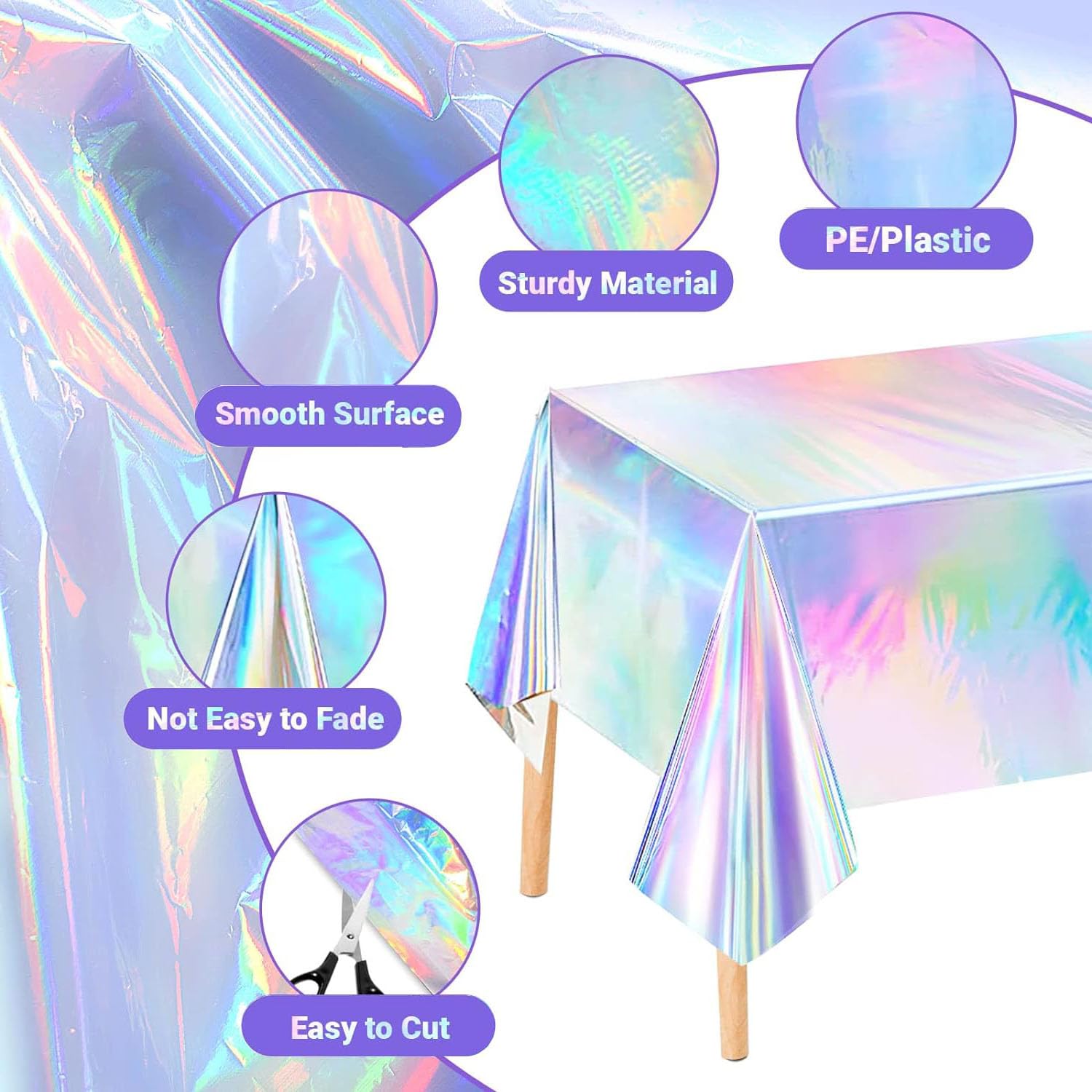 Taiyyi Pack of 2 Laser Holographic Rectangular Tablecloths, Waterproof, Silver Foil, 137 x 274 cm, Perfect for Parties - Image 2