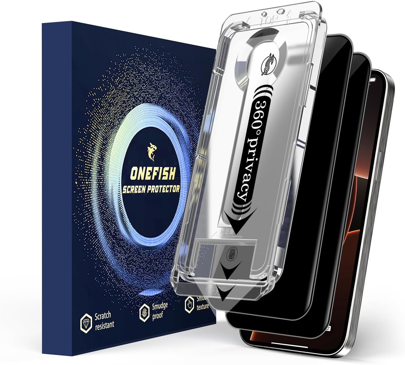 OneFish 2 Pack Privacy Screen Protector for iPhone 15 Pro - 4-Way 360° Anti-Spy Tempered Glass, 9H Hardness, 3D Curved Edges, Case-Friendly & Easy Installation