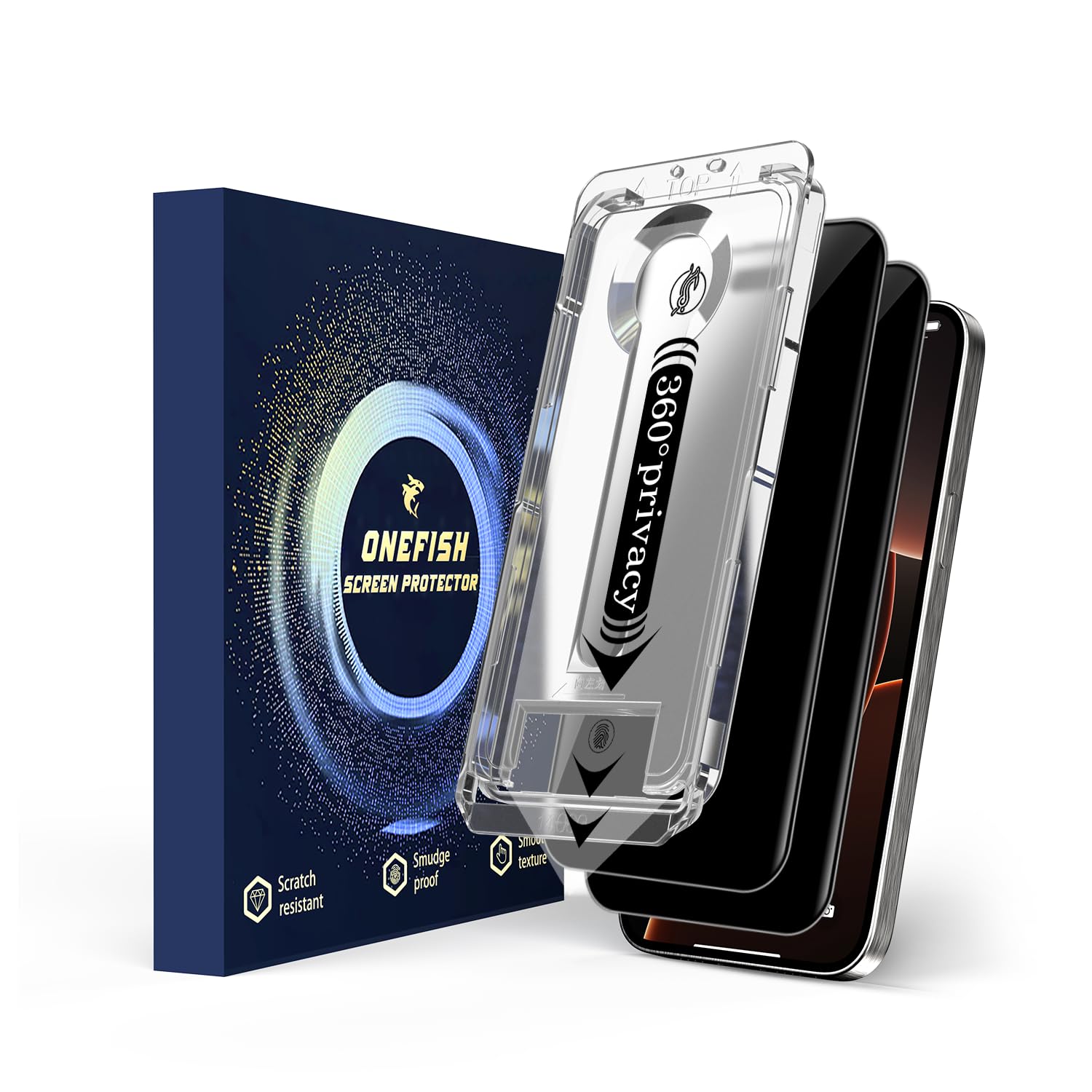 OneFish 2 Pack Privacy Screen Protector for iPhone 16 Pro Max - 4-Way 360° Anti-Spy Tempered Glass, 9H Hardness, 3D Curved Edges, Case-Friendly & Easy Installation