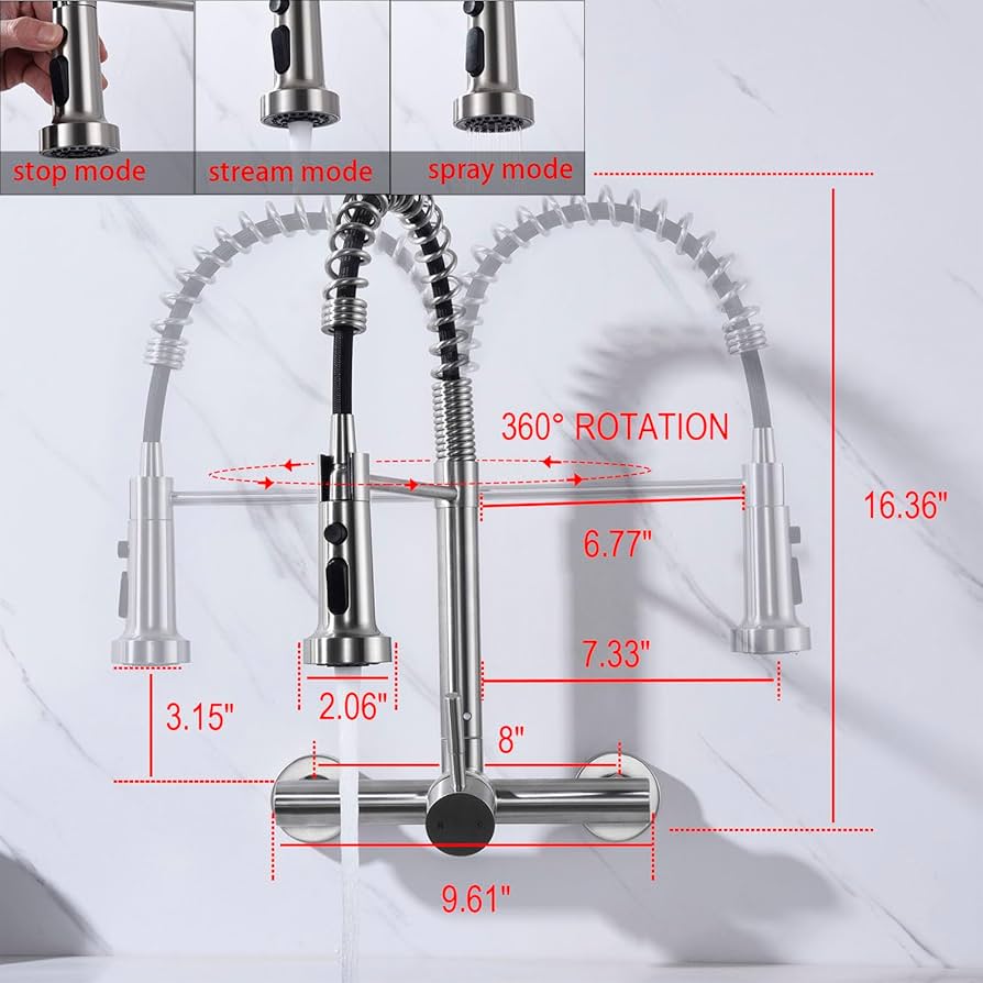 ZHYICH Wall Mount Kitchen Faucet with Pull Out Sprayer, 8