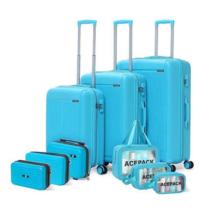 ACEPACK - Megatron - Family Set of 9 Pcs - Set of 3 Suitcase (S+M+L) + 3 Pcs Vanity Cases (8"+10"+13") + 3 Waterproof Organisers, PP Hard Shell with 360° Spinner Wheel, Number Lock, 3 Years Warranty