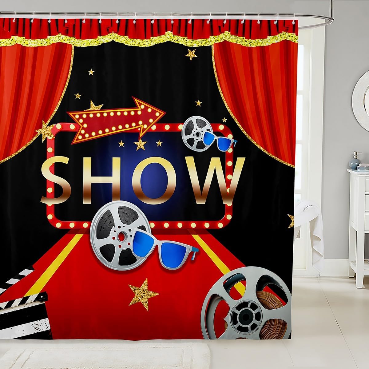 Feelyou Cinema Poster Design Bath Curtain Happy Movie Time Shower Curtain for Cinema Movie Theater Bathroom Shower Curtain Set Waterproof Decor Home Decor Bathroom Accessories 72"x78"