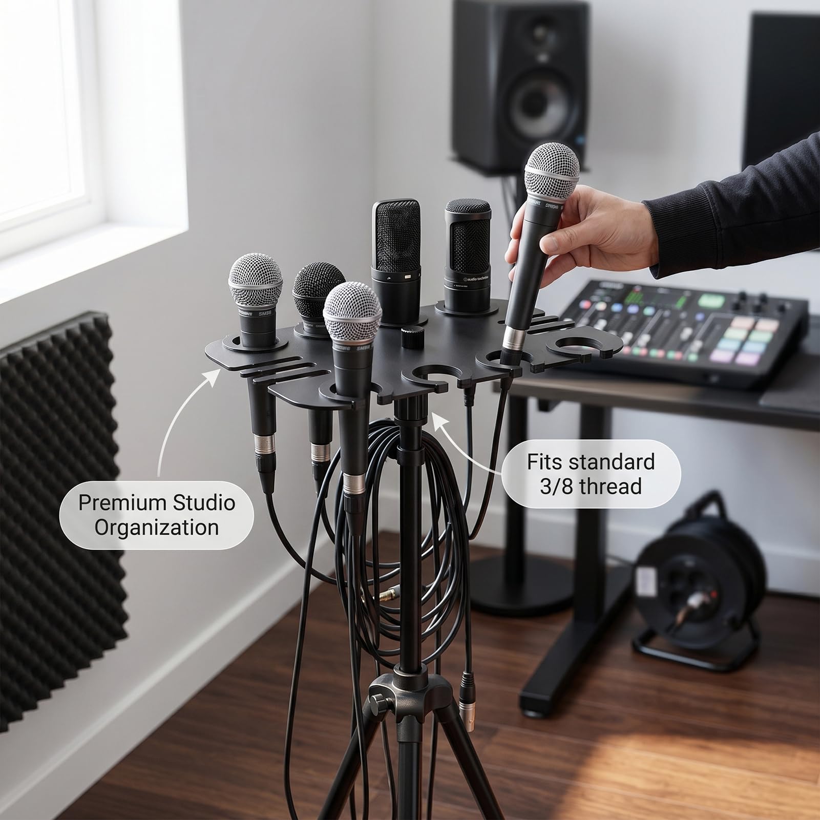 Supporto Multi-Microfono per Microfoni Cablati e Wireless, 8 Slot, Supporto Quadrato per Microfono, Vassoio per Palco, Antivibrazione, Montabile su Scrivania o a parete.