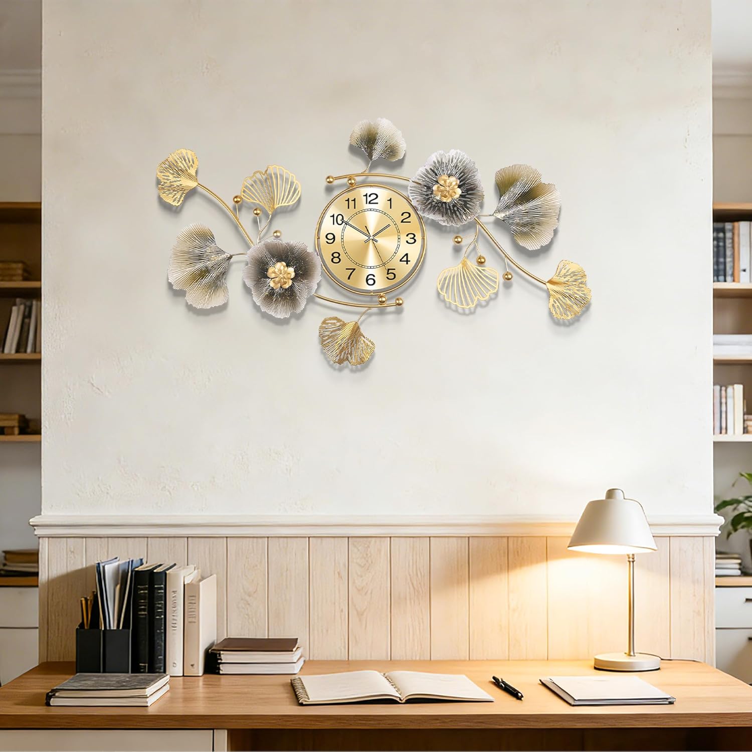 Wall Clocks for Living Room Decor,Large Wall Clock,3D Creative Metal Ginkgo Leaf Design,with Silent Movement Wall Clocks for Home Wall Decor Clock（33"x18"）