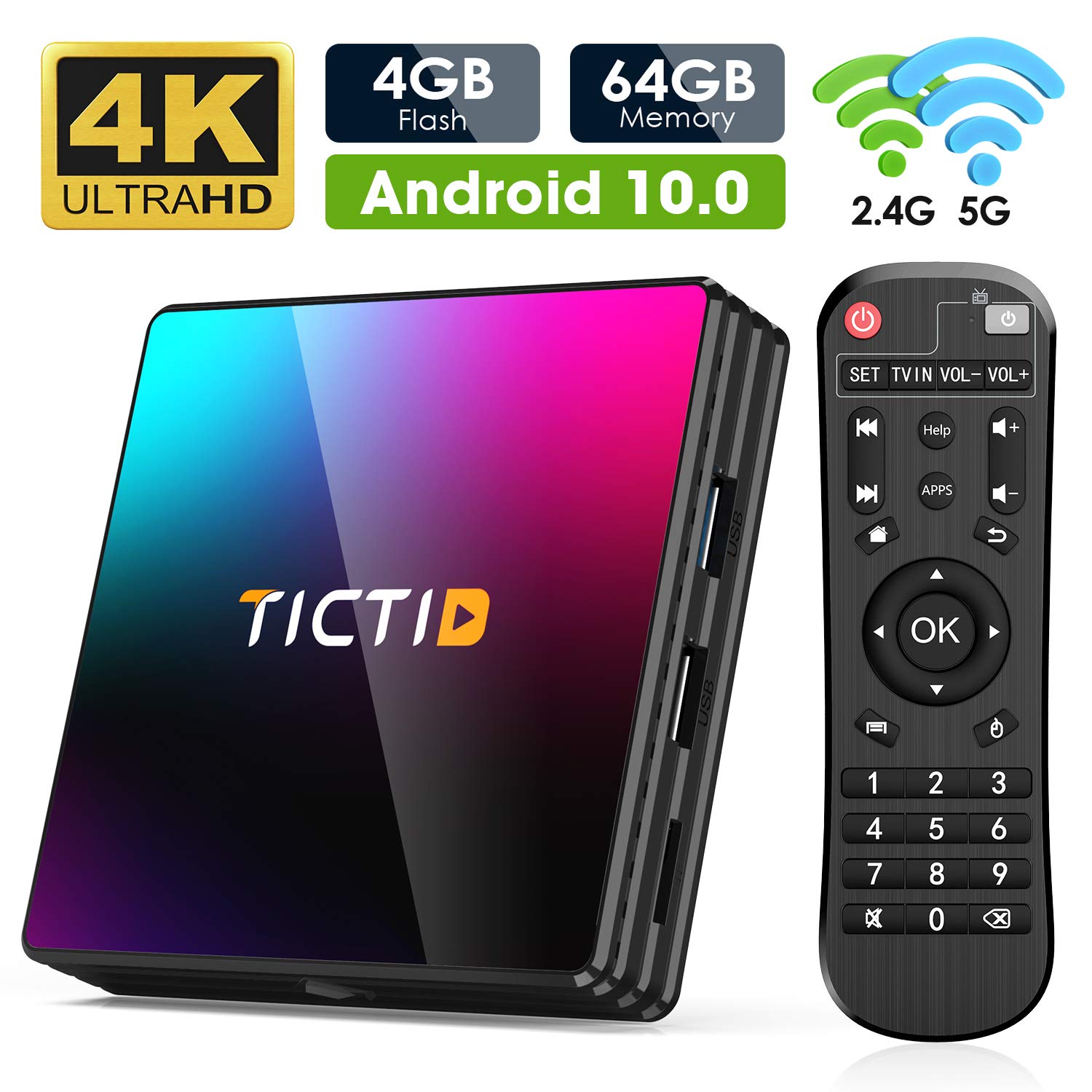 Android 10.0 TV Box, TICTID 4GB RAM 64GB ROM T8 PRO Media Player Android TV Box RK3318 Quad Core 3D 4K H.265 WiFi 2.4G/5G Smart TV Box