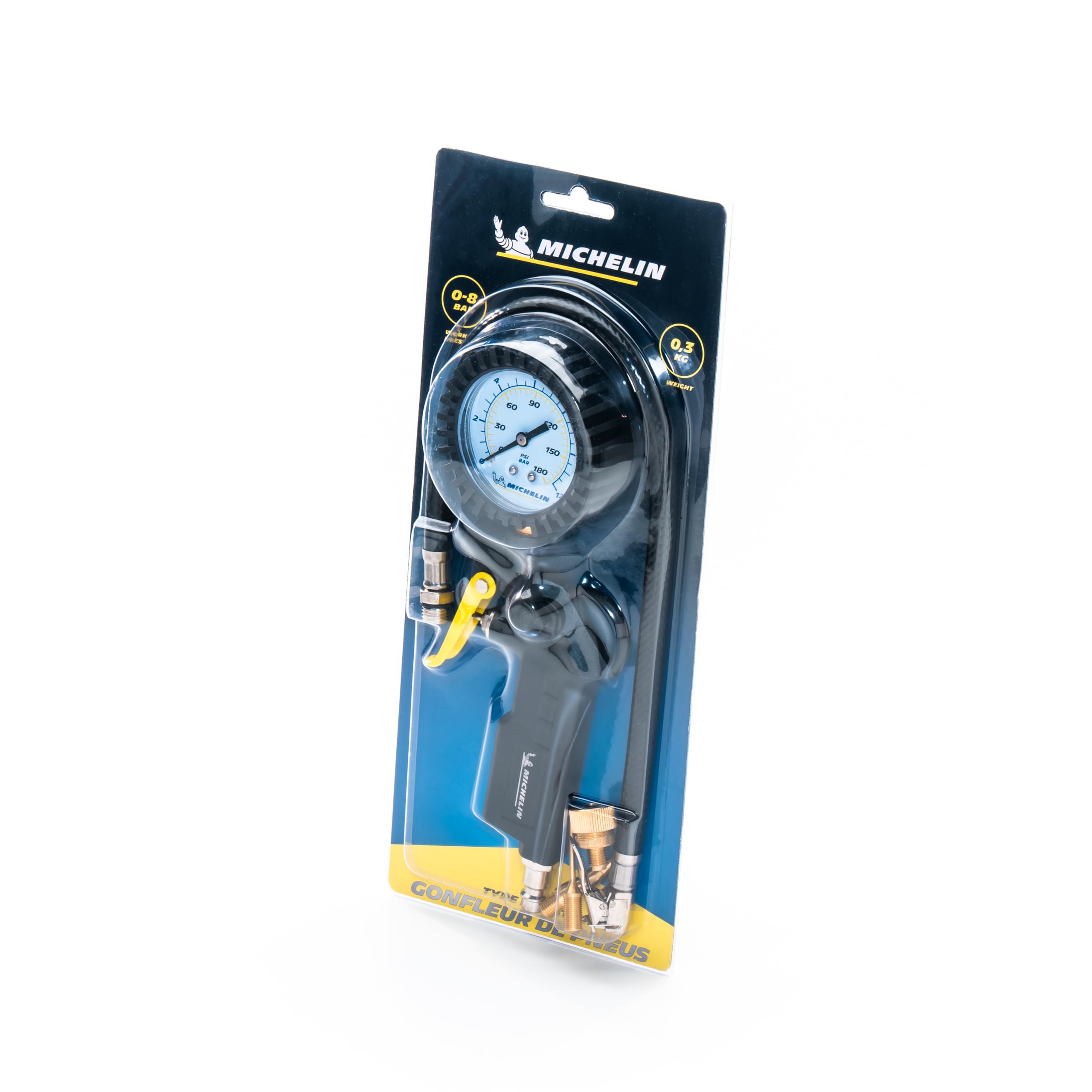 Michelin Gonfiagomme con Manometro a Doppia Scala, Pistola di Gonfiaggio con Tubo Flessibile, Manometro Compressore con Campo di Pressione 0-8 Bar, Impugnatura Comoda, Ugelli Inclusi, Nero