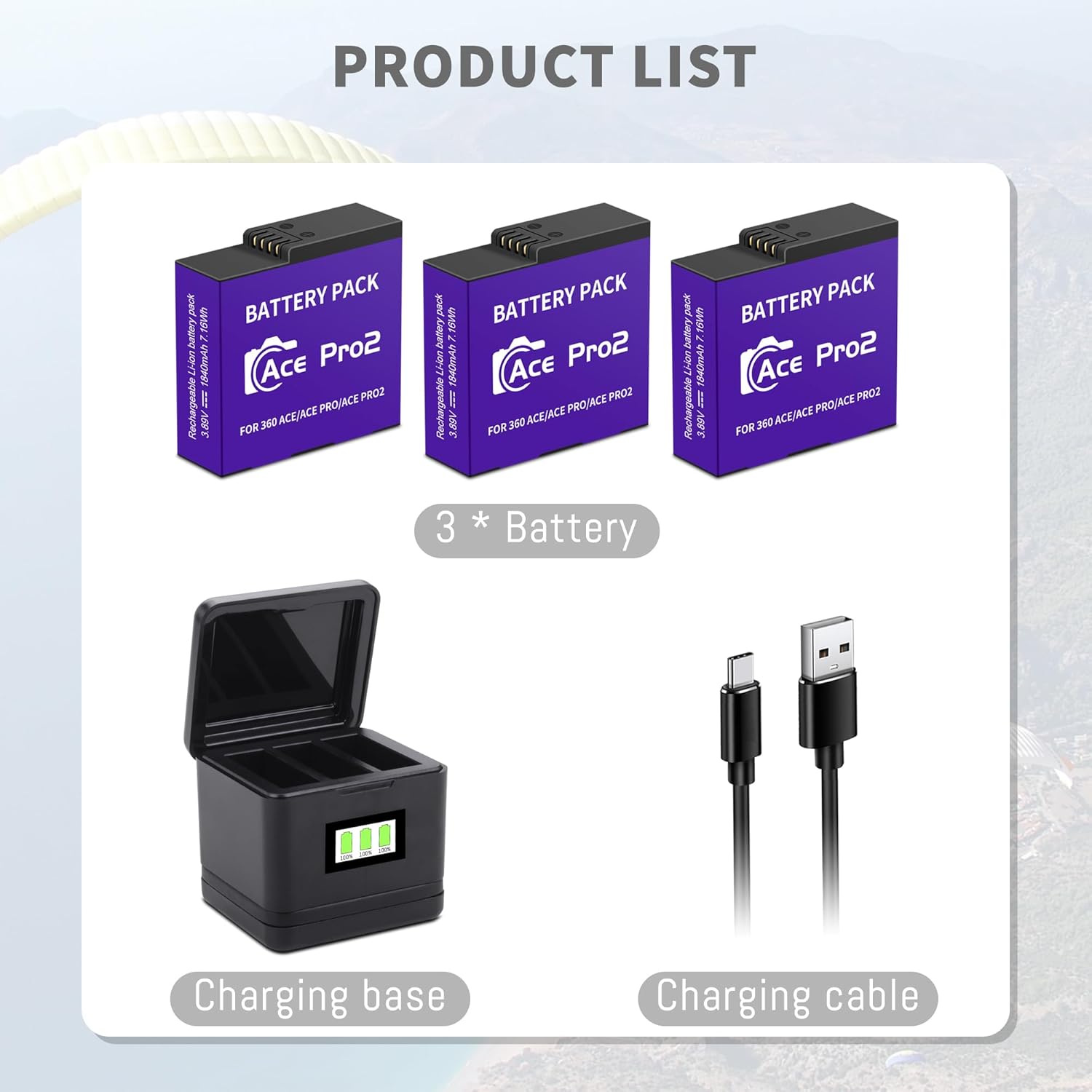 3-Pack Ace Pro 2 Battery and 3-Channel Fast Charger Hub, Compatible for Insta360 Ace Pro 2/Ace Pro/Ace Action Camera Upgrade Capacity, with USB-C Charging Cable Upgrade 3.85V 1800mAh/6.93Wh