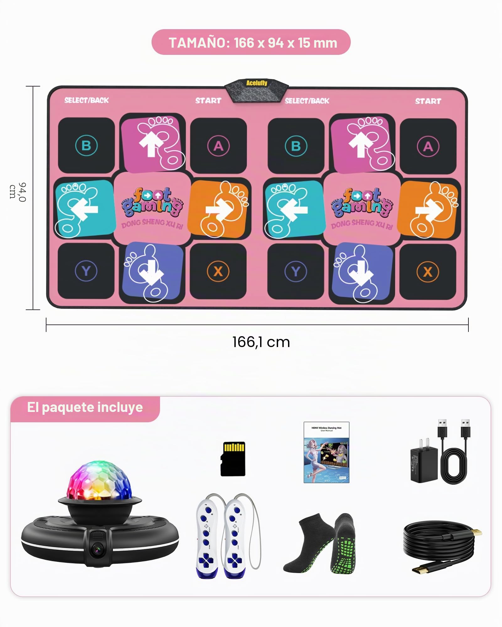 Alfombra de Baile para TV con cámara HD, Alfombra de Fitness Antideslizante para Interiores con 2 mandos inalámbricos y Bola de Discoteca de Colores, Regalo para niños y Adultos (Rosa)