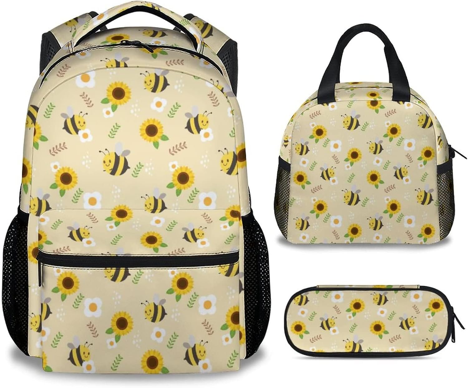 Bee Backpack with Lunch Box And Pencil Case, Set of 3 Cute Bookbag for Girls Boys, Lightweight Large Capacity School Bag
