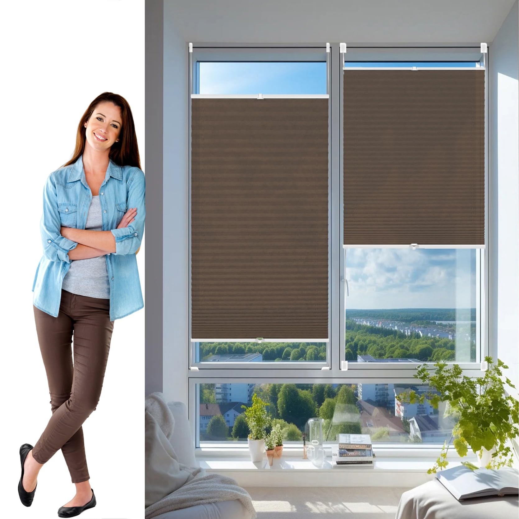 Store plissé opaque 120 x 150 cm marron sans perçage pour fenêtre
