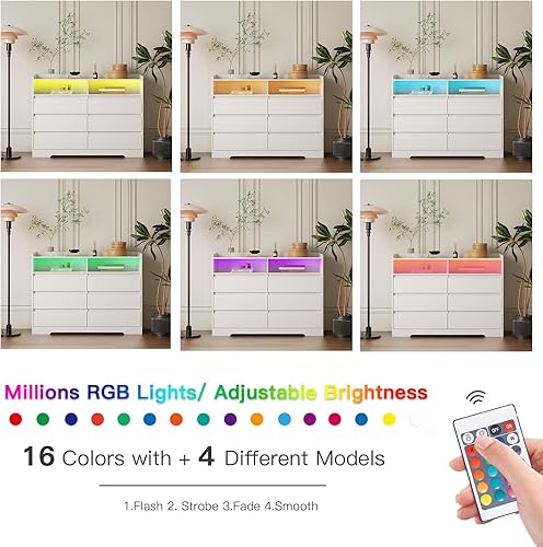 Miniatura 5 de GOSROMS Cómoda doble blanca de 6 cajones, cajoneras decorativas con luz LED, cómoda de almacenamiento blanca moderna para dormitorio, habitación de