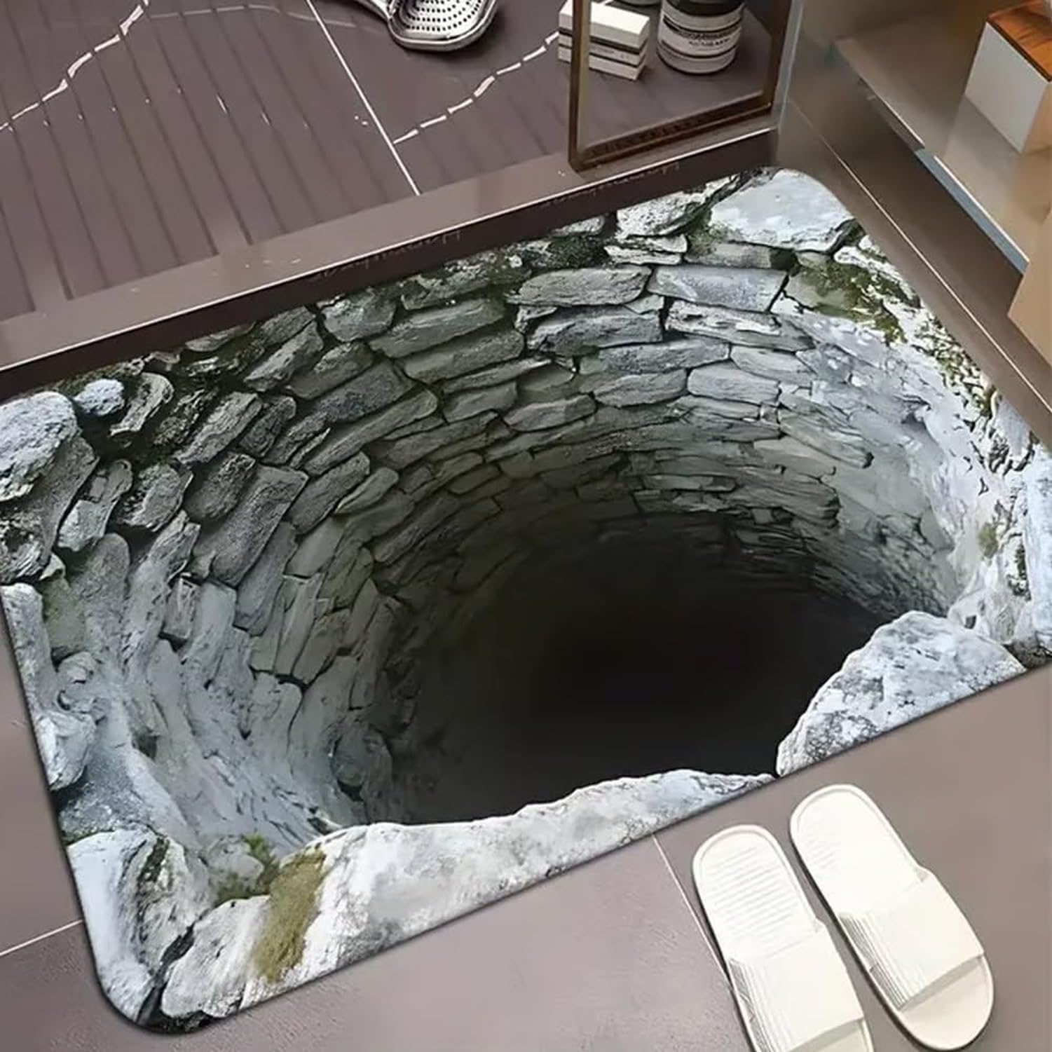 KGAIXN HD Printed Optical Illusion Non-Slip Doormat, 3D Upgraded Endless Abyss Pattern Rug, Bottomless Hole Area Carpet for Door Entrance, Bathroom, Stairs (#02, 19.7x, #01, 60 x 40 cm (Rectangular)