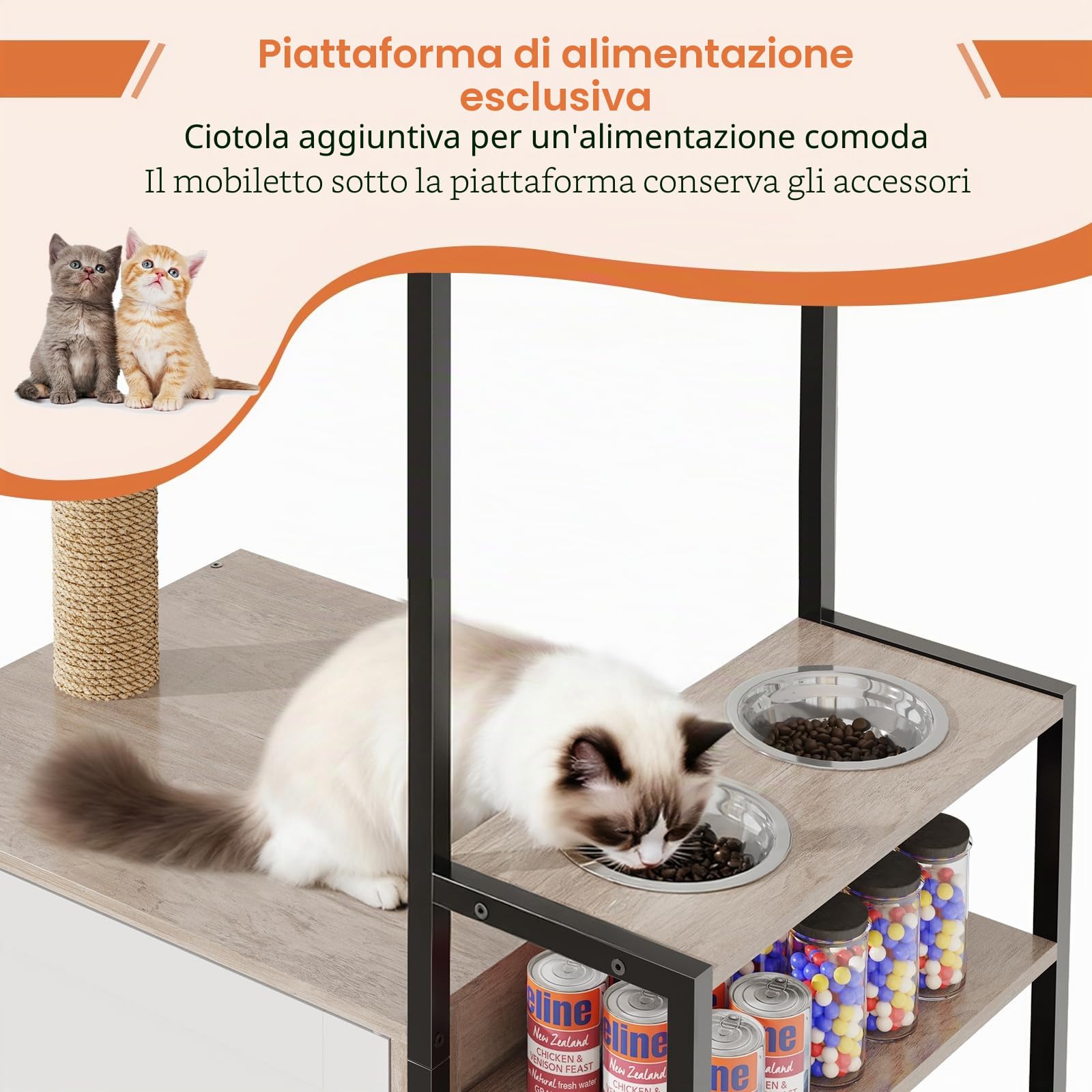 HavenlyYouth Albero per gatti con ciotole per cibo e lettiera, torre per gatti a più livelli con pali in sisal per giocare, amaca in peluche grigia per accogliere