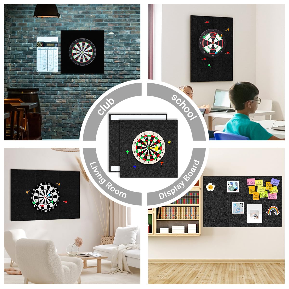 Protection Murale pour Cible de Fléchettes, 60 * 90CM Protection Murale en Feutre Protection Pliante de Jeu de Fléchettes pour Carreaux Muraux en Feutre, Dos en Liège, Autocollantes