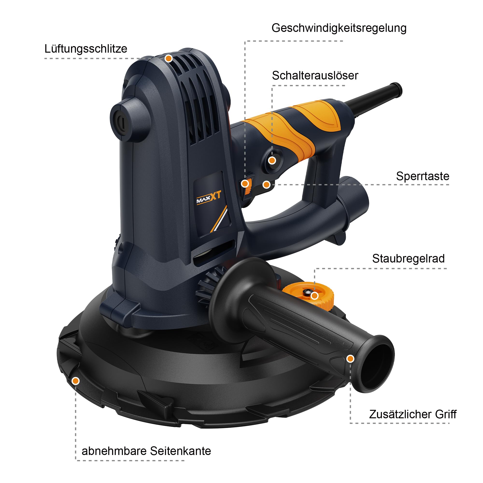 MAXXT Lijadora manual para paneles de yeso, 1500-2700 rpm, velocidad variable, 750 W, lijadora eléctrica para paredes, aspiración ajustable